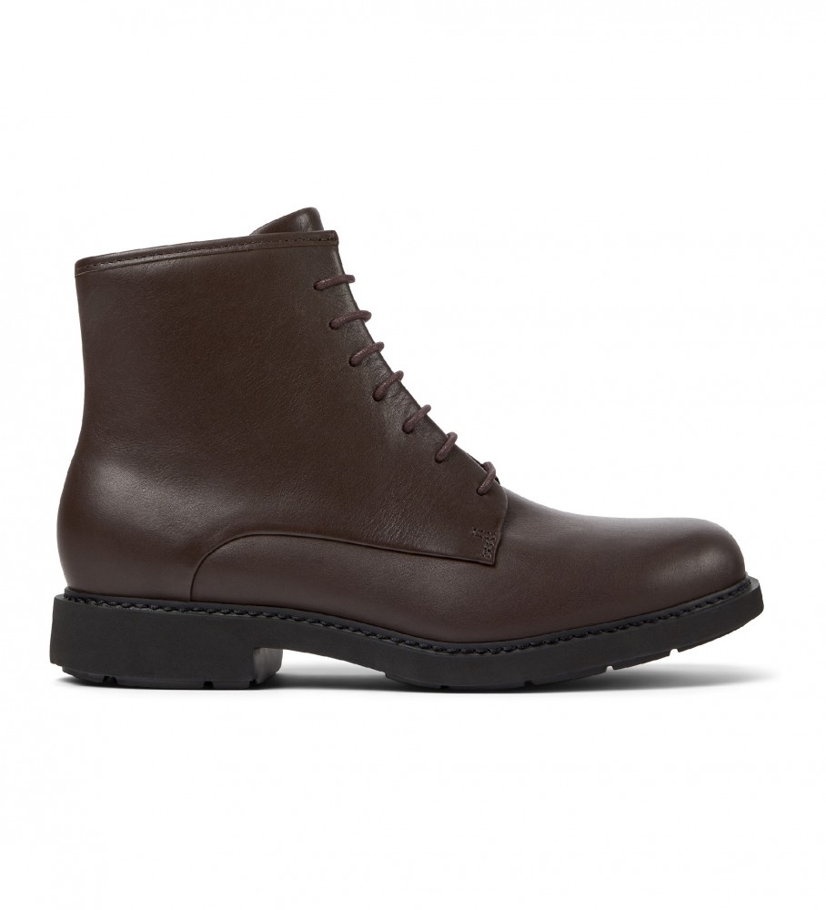 Campervoor vrouwen. K400245-008 Leren enkellaarsjes Neuman Donkerbruin (41), Leer, Plat, 1 tot 3 cm, Veters, Casual