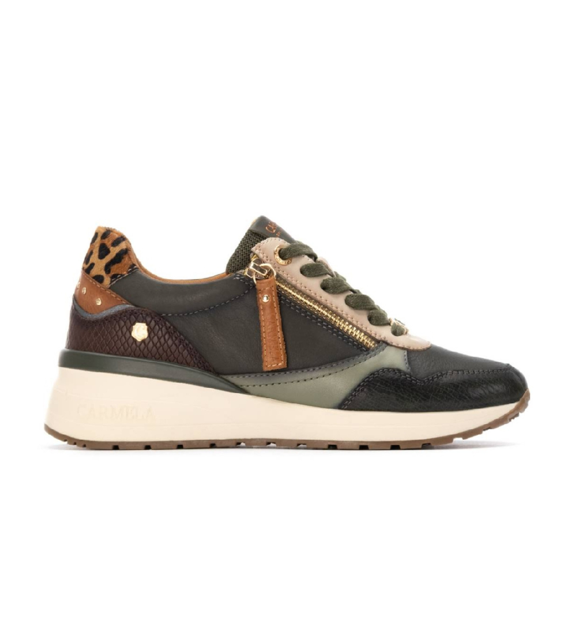 Carmela für Damen. 16244204-KAKI Leder Turnschuhe 162442 grün (36), Wohnung, 1 bis 3 cm, Reißverschluss, Lässig