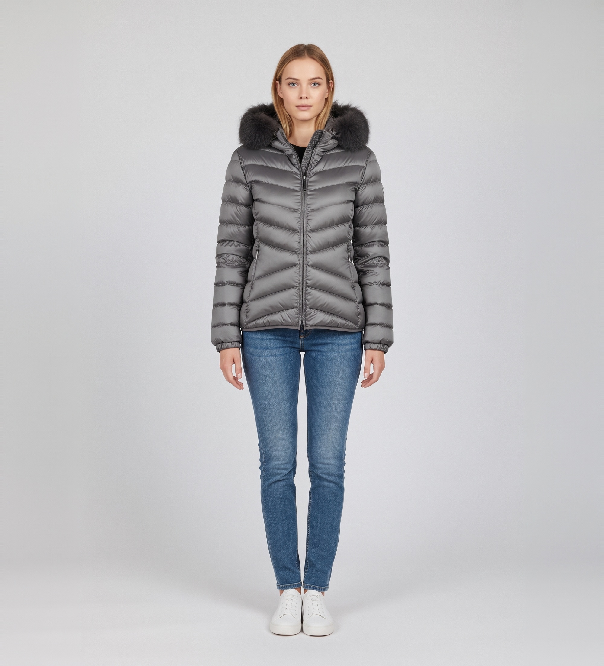 Colmar für Damen. 2219E Graue gesteppte Kunstpelzjacke mit grauem Kunstpelz (46), Lässig, Recyceltes Polyester