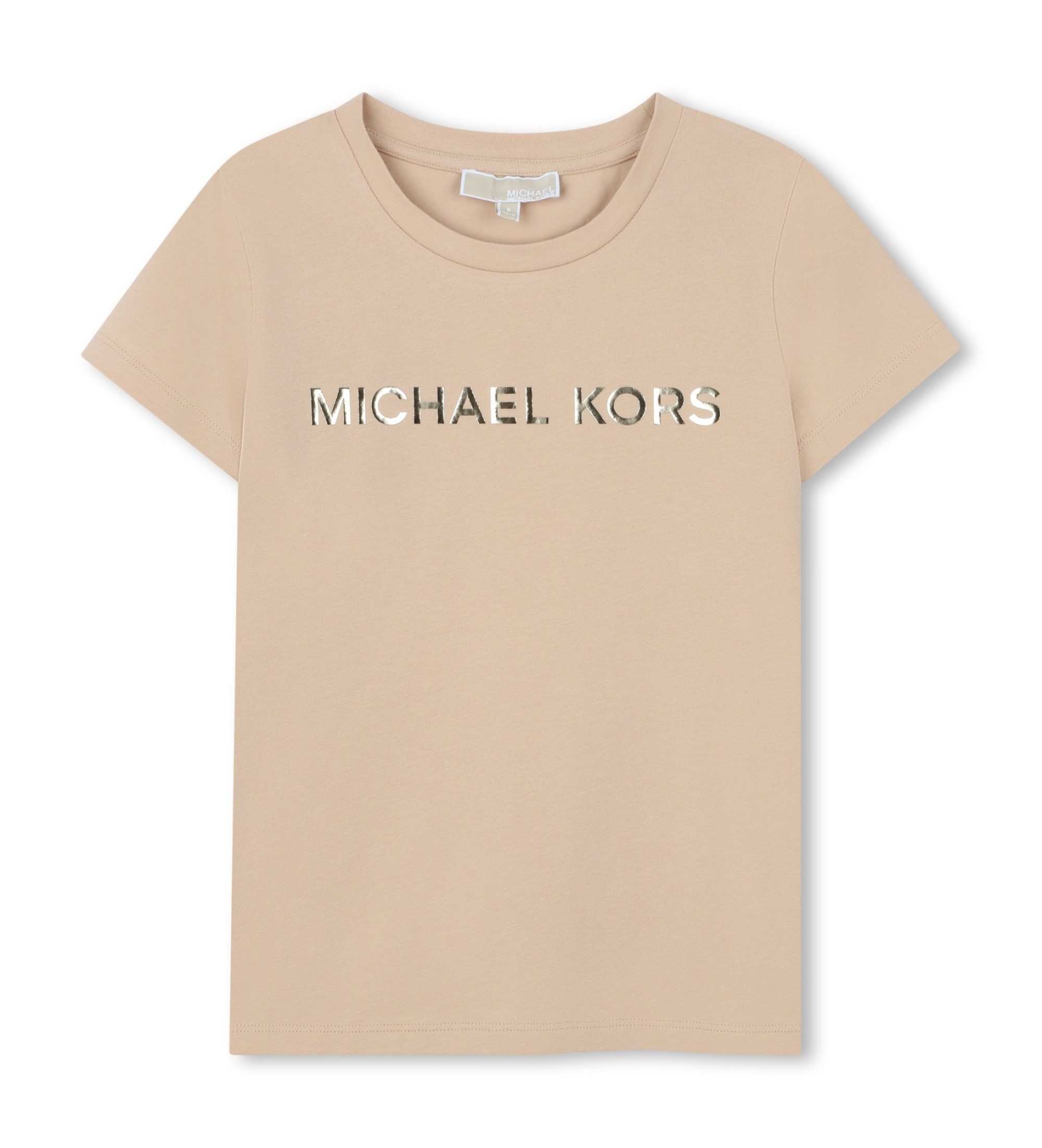 Michael Kors für Mädchen. R30603 Beigefarbenes Logo-T-Shirt (8Y= 126cm), Lässig, Baumwolle, Kurzarm, Kinderbekleidung