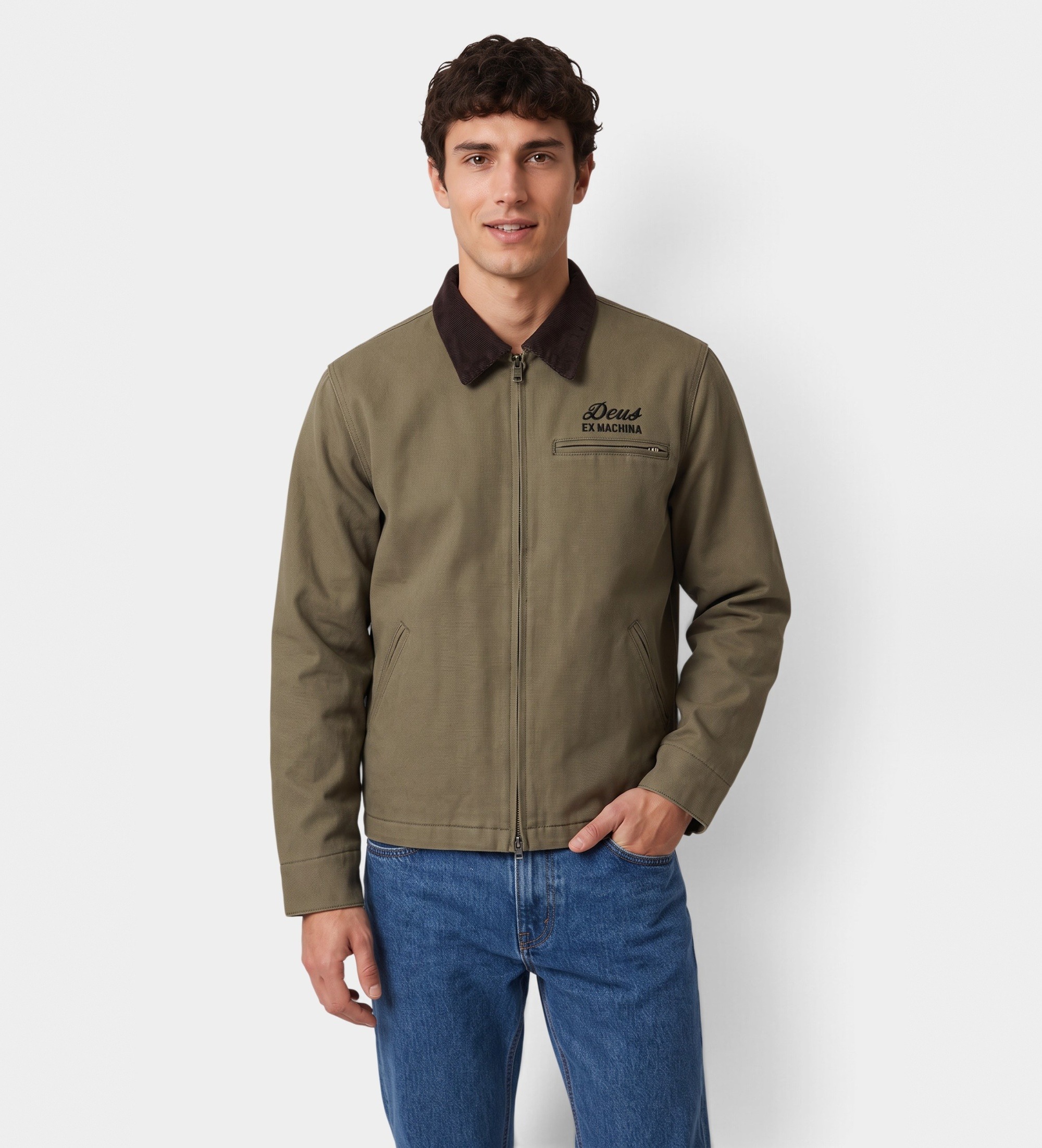 Deus Ex Machinavoor mannen. D263MJK148 Groene olijfkleurige Address Workwear-jas (M), Casual, Katoen