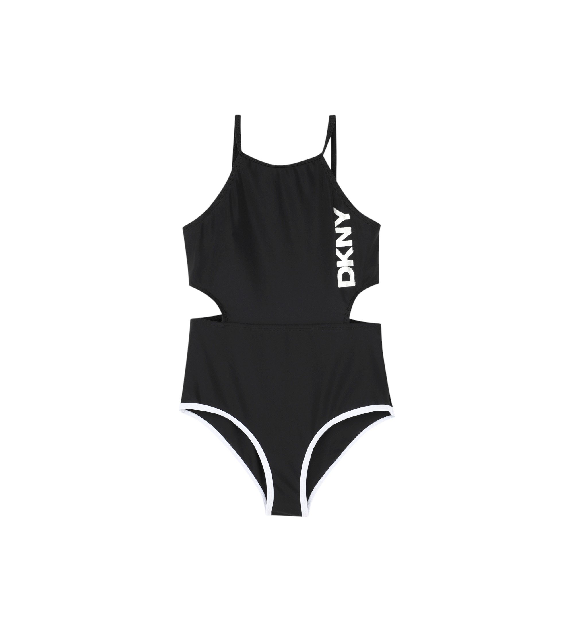 DKNY für Mädchen. D62252 Badeanzug mit schwarzem Logodruck (4Y= 102cm), Strandbekleidung, Polyamid, Kinderbekleidung