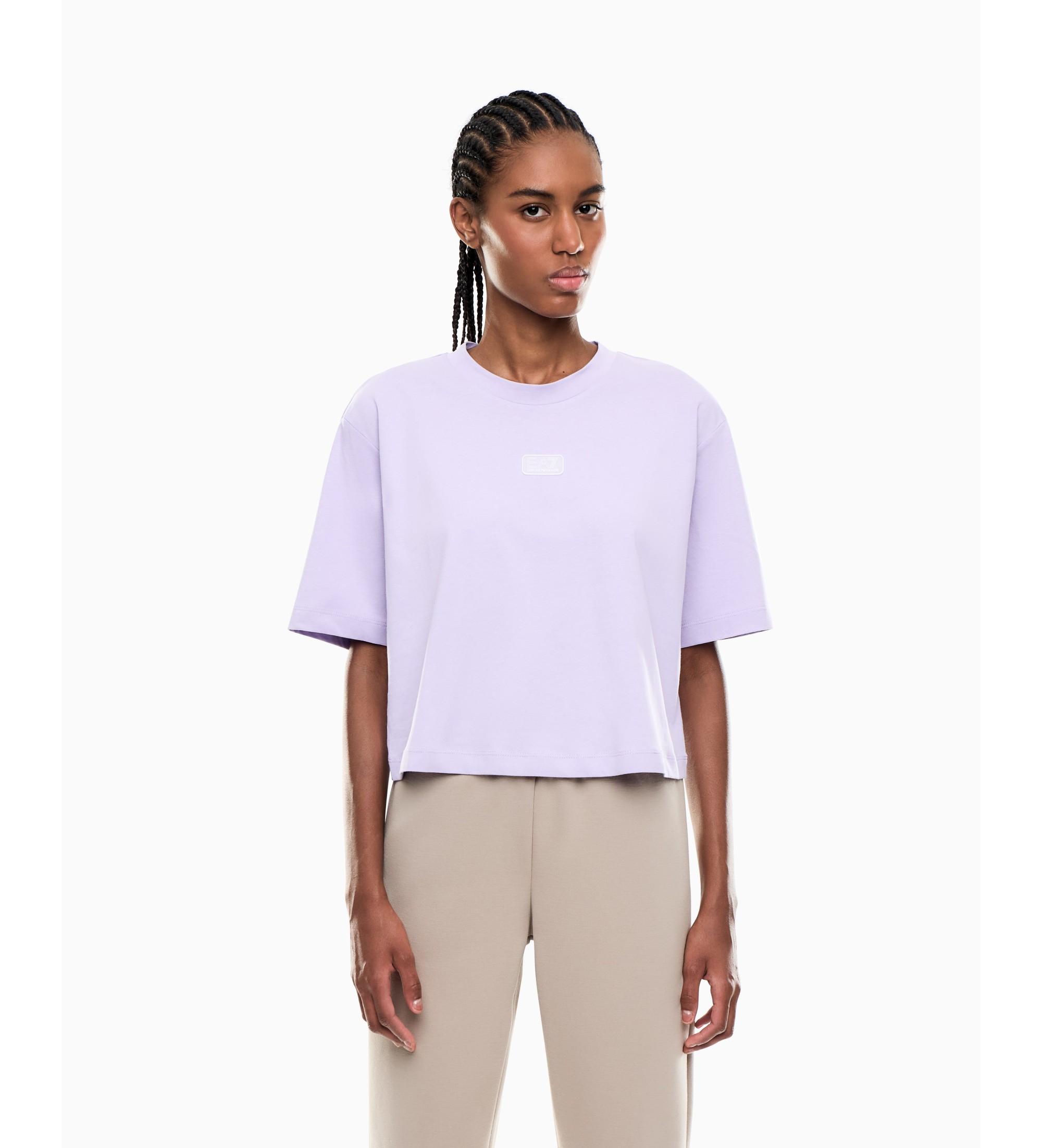 EA7 für Damen. 7W001008_AF19935 Baumwoll-Strick-T-Shirt mit lilafarbenem Logo (M), Lässig, Flieder, Baumwolle, Kurzarm
