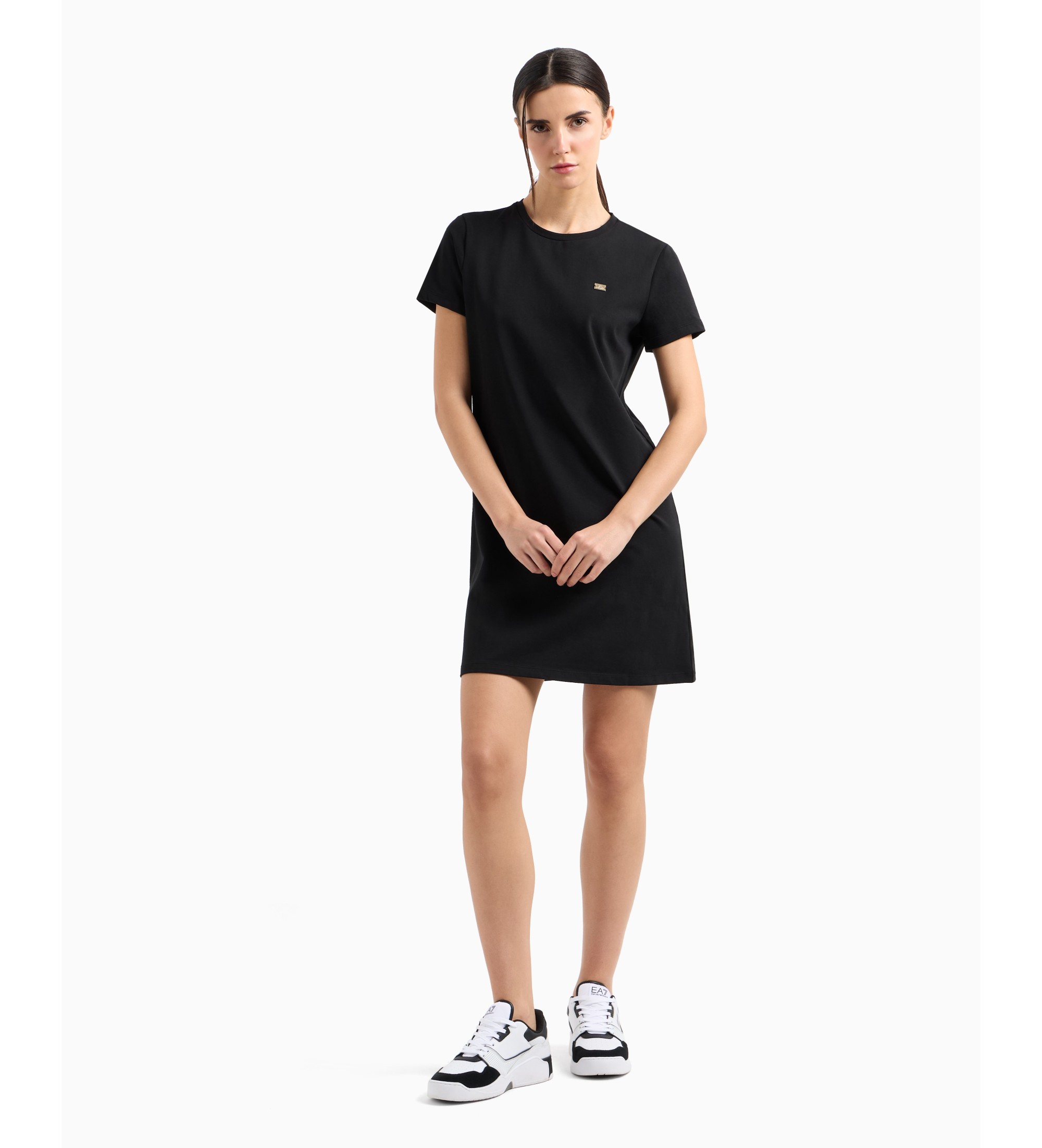 EA7 für Damen. 7W000084_AF12484 Kurzes Kleid aus schwarzem Stretch-Baumwollstrick (S), Lässig, Baumwolle, Kurzarm