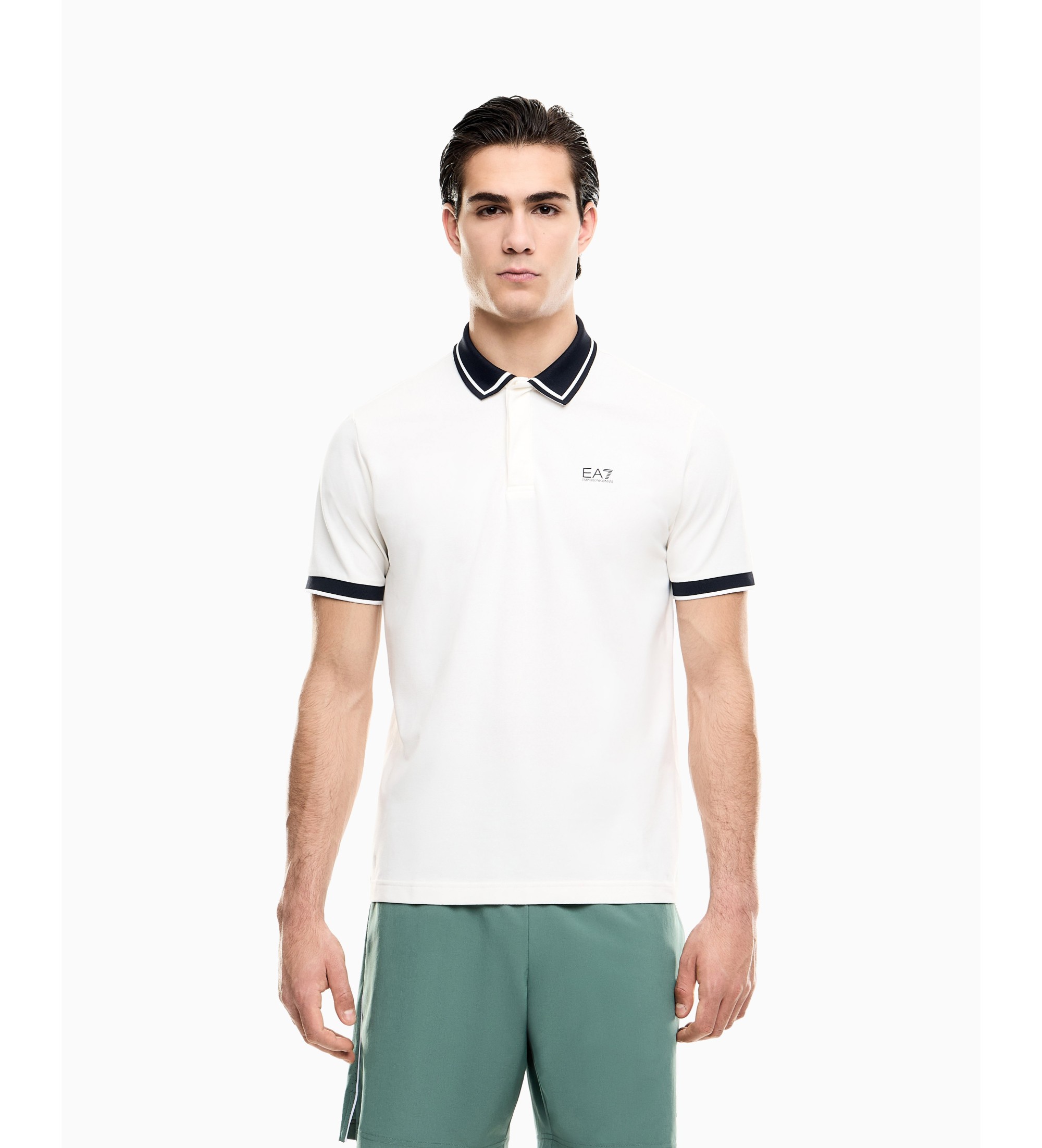 EA7 für Herren. 7M001538_AF13511 Weißes Polo-Tennisshirt aus elastischem Baumwoll-Piqué (M), Lässig, Sportlich, Baumwolle, Tennis/Padel, Kur
