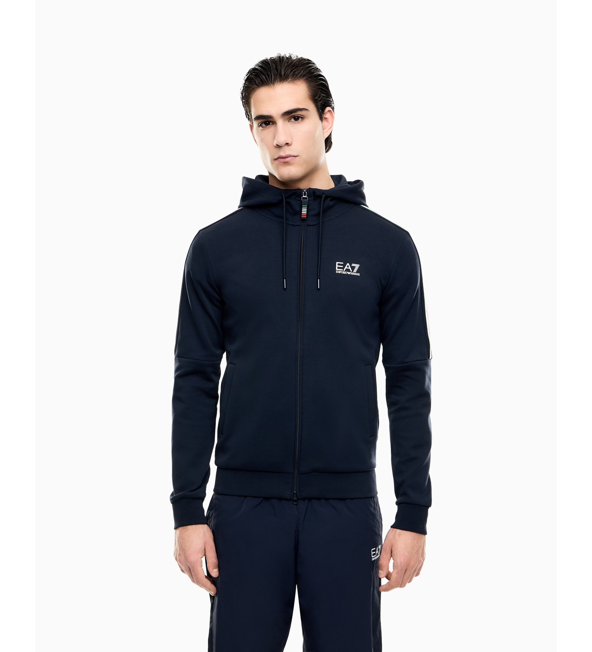EA7 für Herren. 7M001863_AF12660 Marineblaue Strickhoodie Italian Spirit (L), Lässig, Sportlich, Gelb, Baumwolle