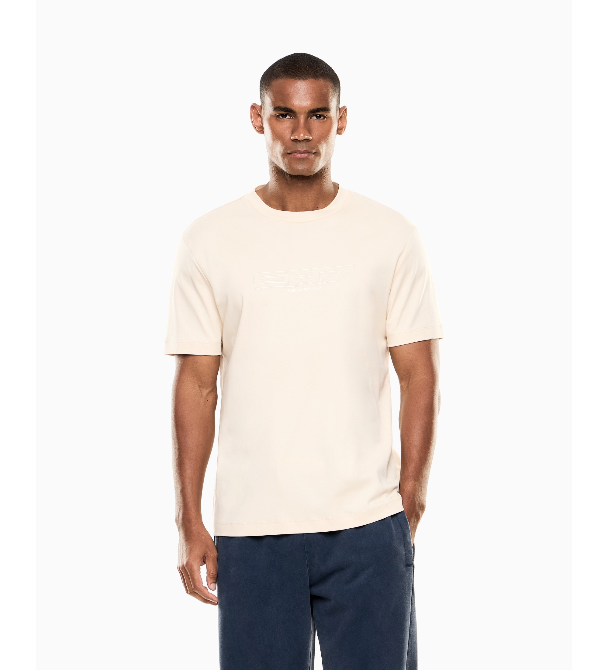 EA7 für Herren. 7M001498_AF10441 Beigefarbenes Baumwoll-Strick-T-Shirt Logo Series (M), Lässig, Baumwolle, Kurzarm