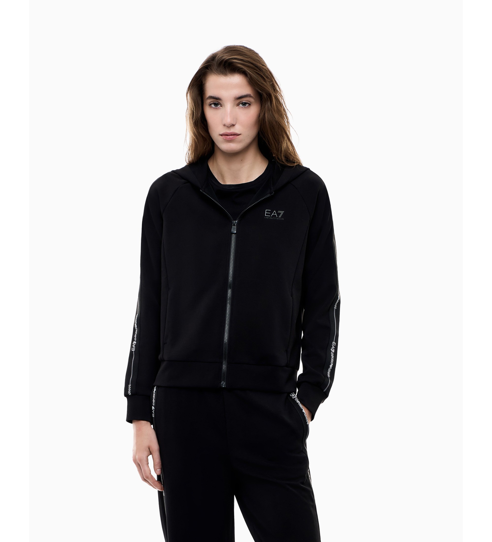 EA7 für Damen. 7W000960_AF12501 Kapuzenpullover Logo Series schwarz (S), Lässig, Sportlich, Langarm, Recyceltes Polyester