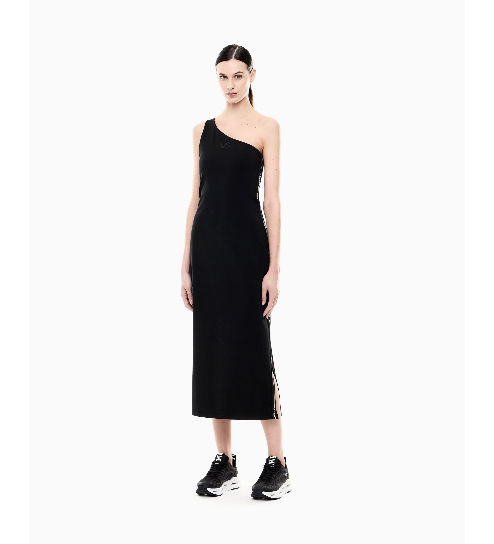 EA7 für Damen. 7W000962_AF12484 Asymmetrisches Kleid aus schwarzem elastischem Strick (M), Sportlich, Baumwolle, Ärmellos / Hosenträger