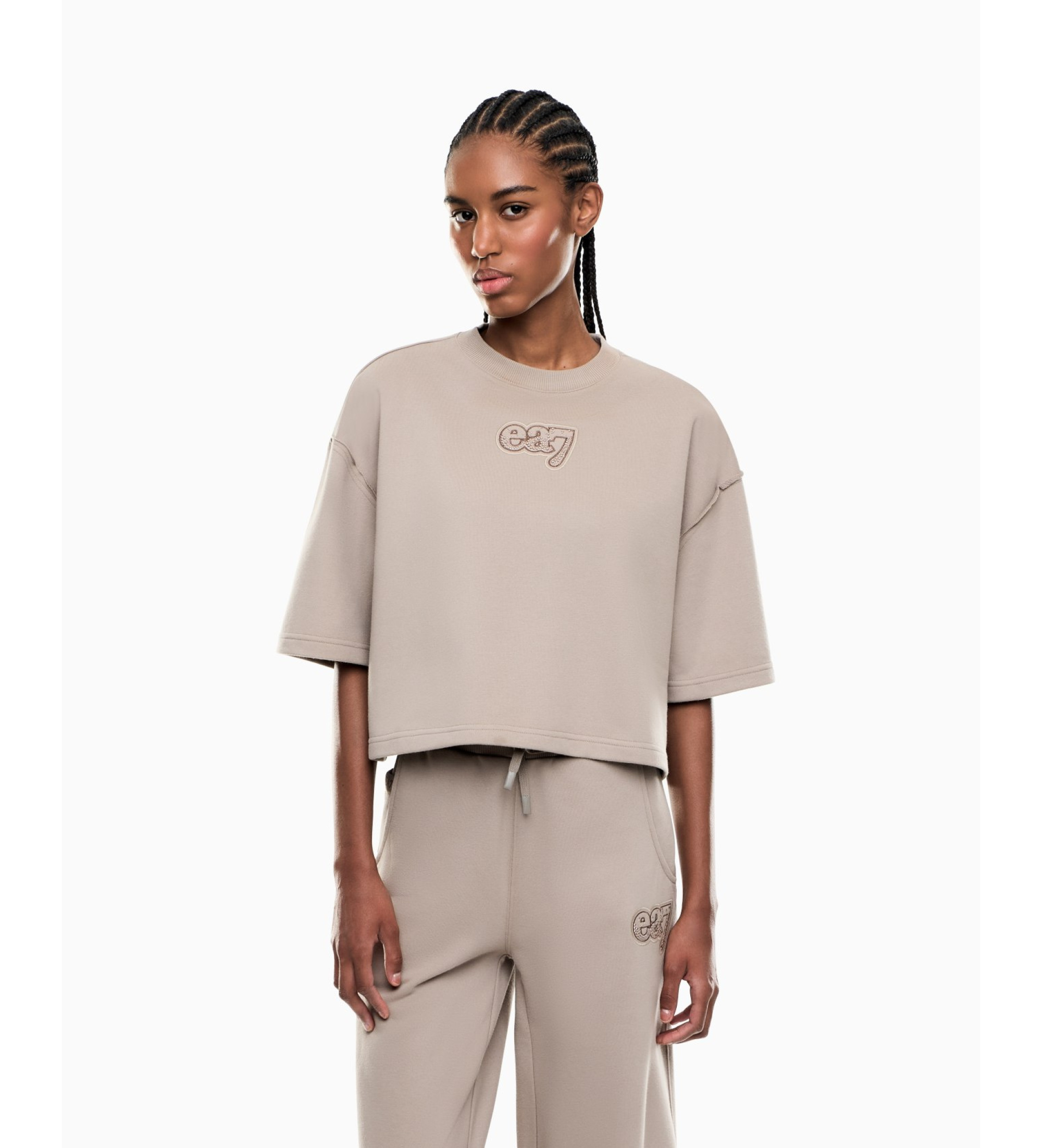 EA7 für Damen. 7W000970_AF20758 Beiges Logo Series T-Shirt aus Baumwollmischung (XS), Lässig, Baumwolle, Langarm