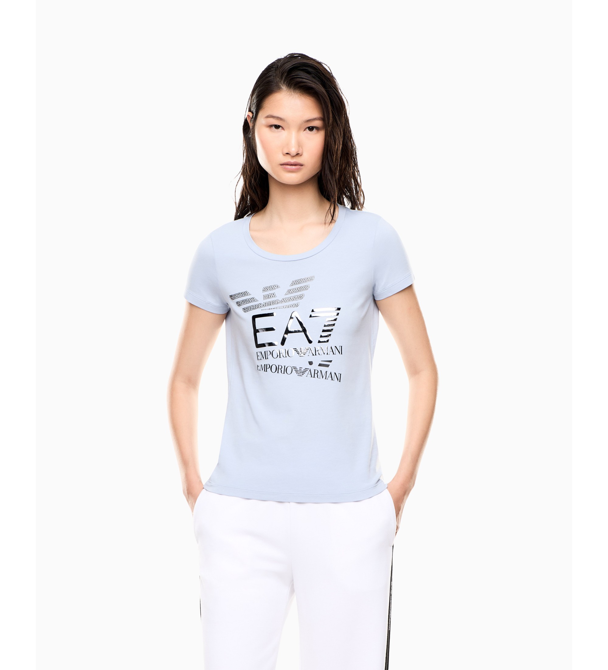 EA7 für Damen. 7W000977_AF10373 Baumwoll-T-Shirt Logo Series mit blauem Strass-Logo (M), Lässig, Baumwolle, Kurzarm