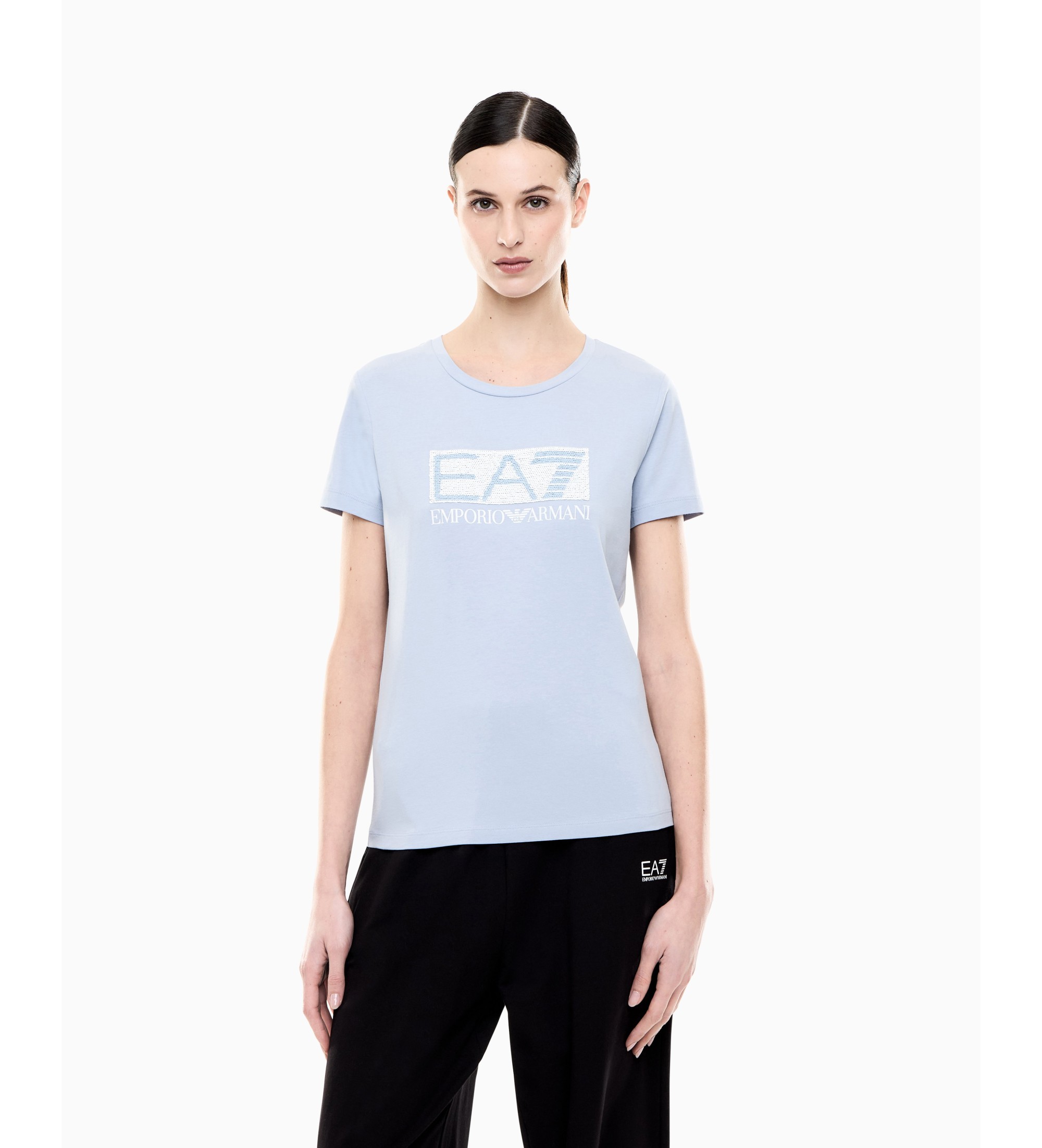 EA7 für Damen. 7W001093_AF10373 Baumwoll-Strick-T-Shirt mit blauem Logo (M), Lässig, Baumwolle, Kurzarm