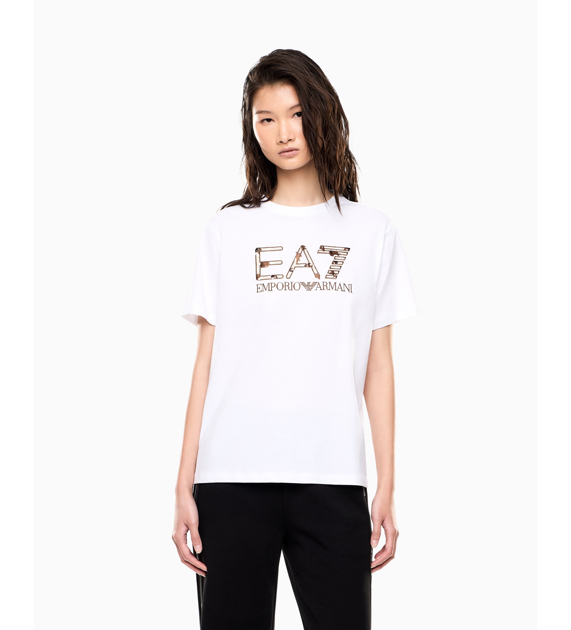 EA7 für Damen. 7W001096_AF21636 Logo Series Strick-T-Shirt weiß (S), Lässig, Baumwolle, Kurzarm
