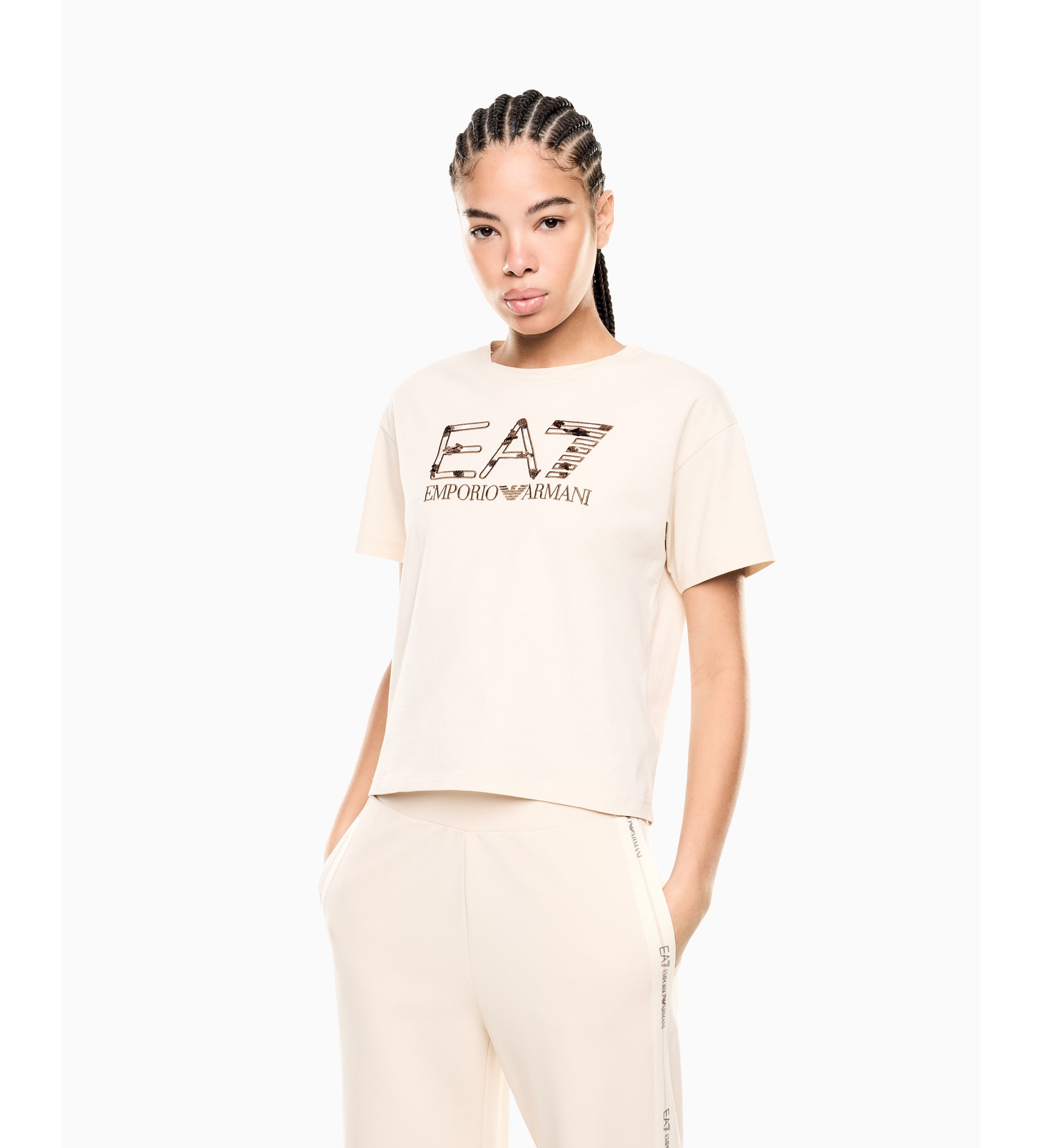 EA7 für Damen. 7W001096_AF21636 Beige Strick-T-Shirt Logo Series (M), Lässig, Baumwolle, Kurzarm
