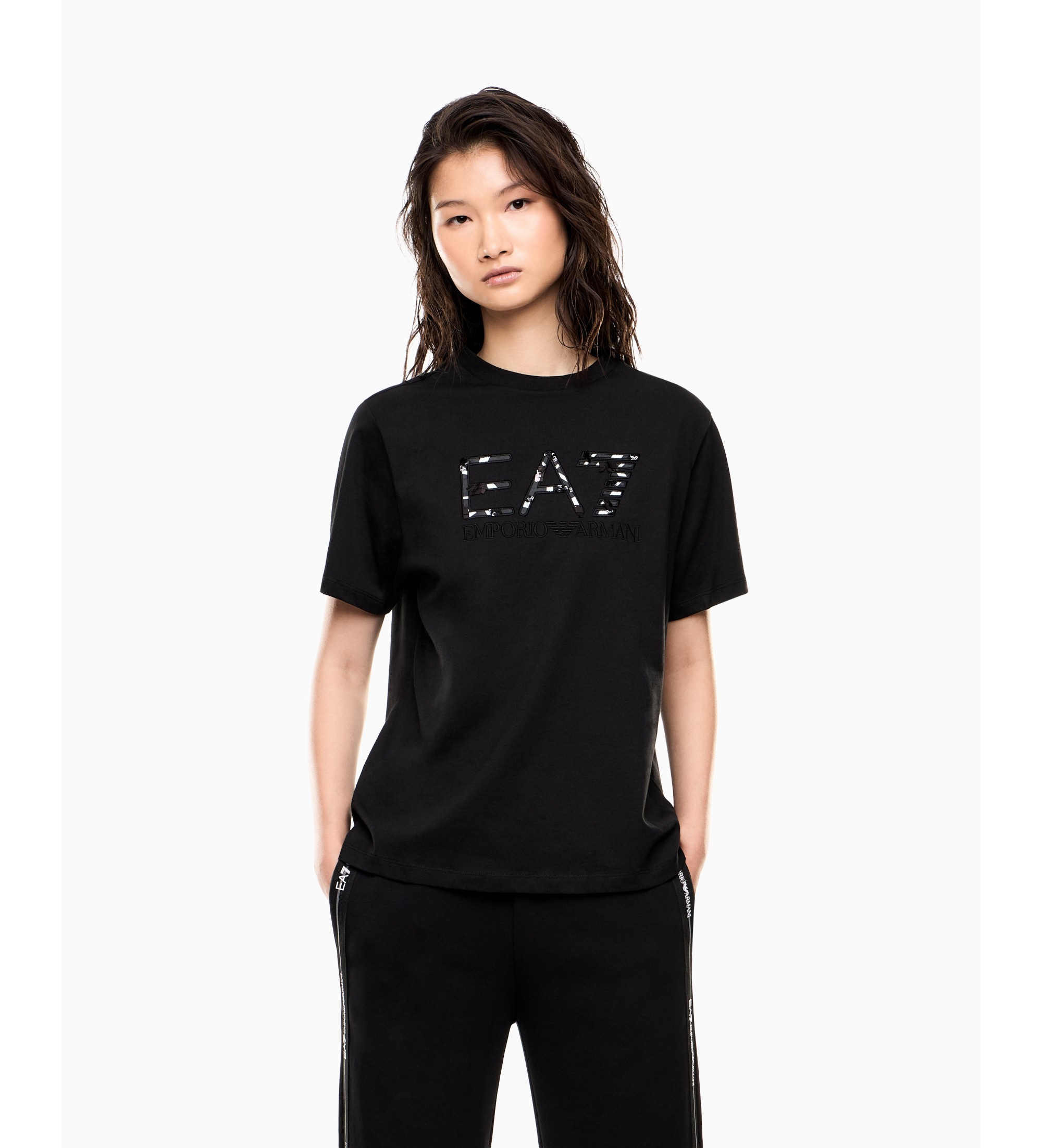 EA7 für Damen. 7W001096_AF21636 Logo Series Strick-T-Shirt schwarz (M), Lässig, Baumwolle, Kurzarm