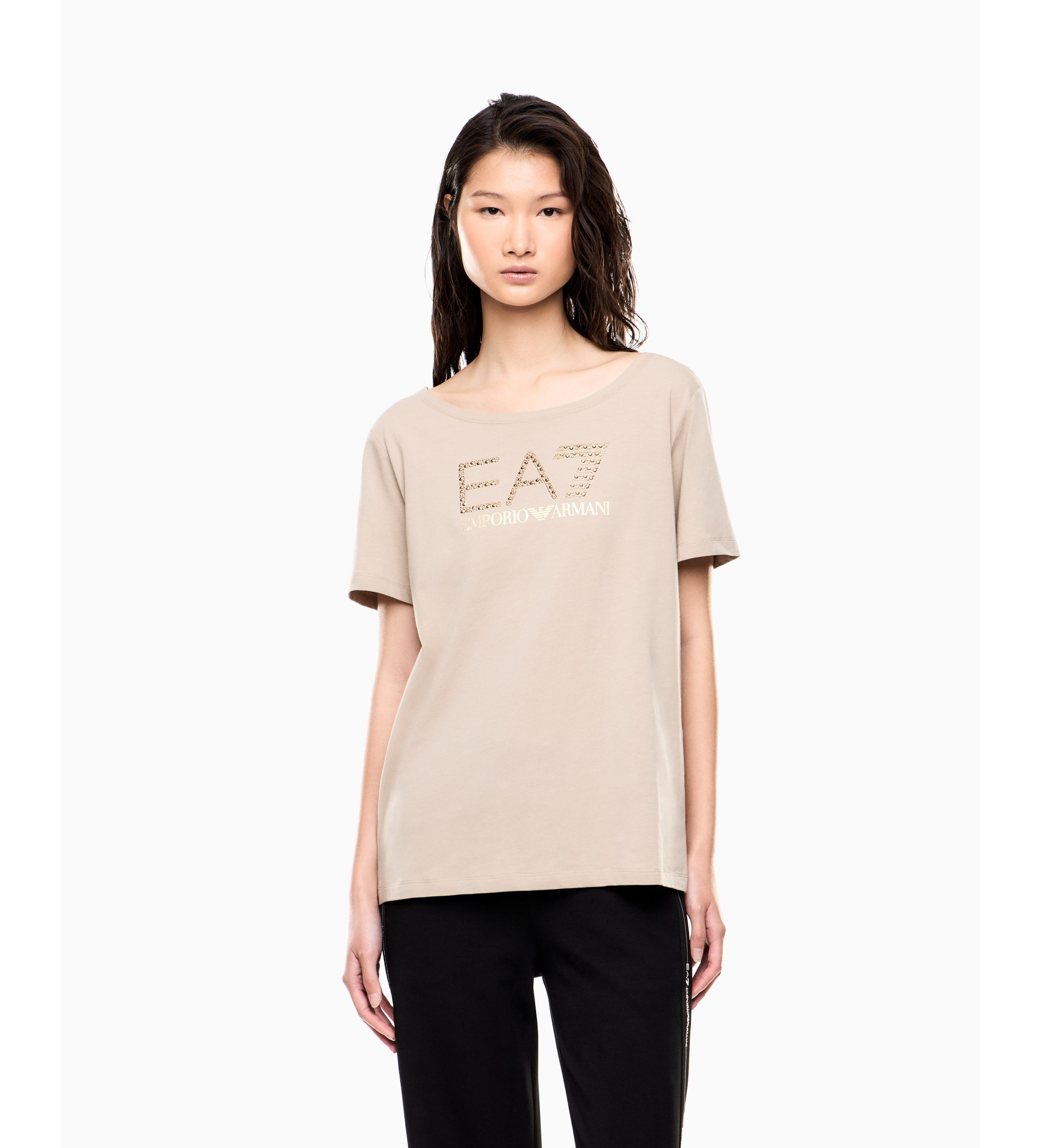 EA7 für Damen. 7W001098_AF14880 Beige Logo T-Shirt aus elastischem Baumwollstrick (M), Braun, Lässig, Grau, Baumwolle, Kurzarm