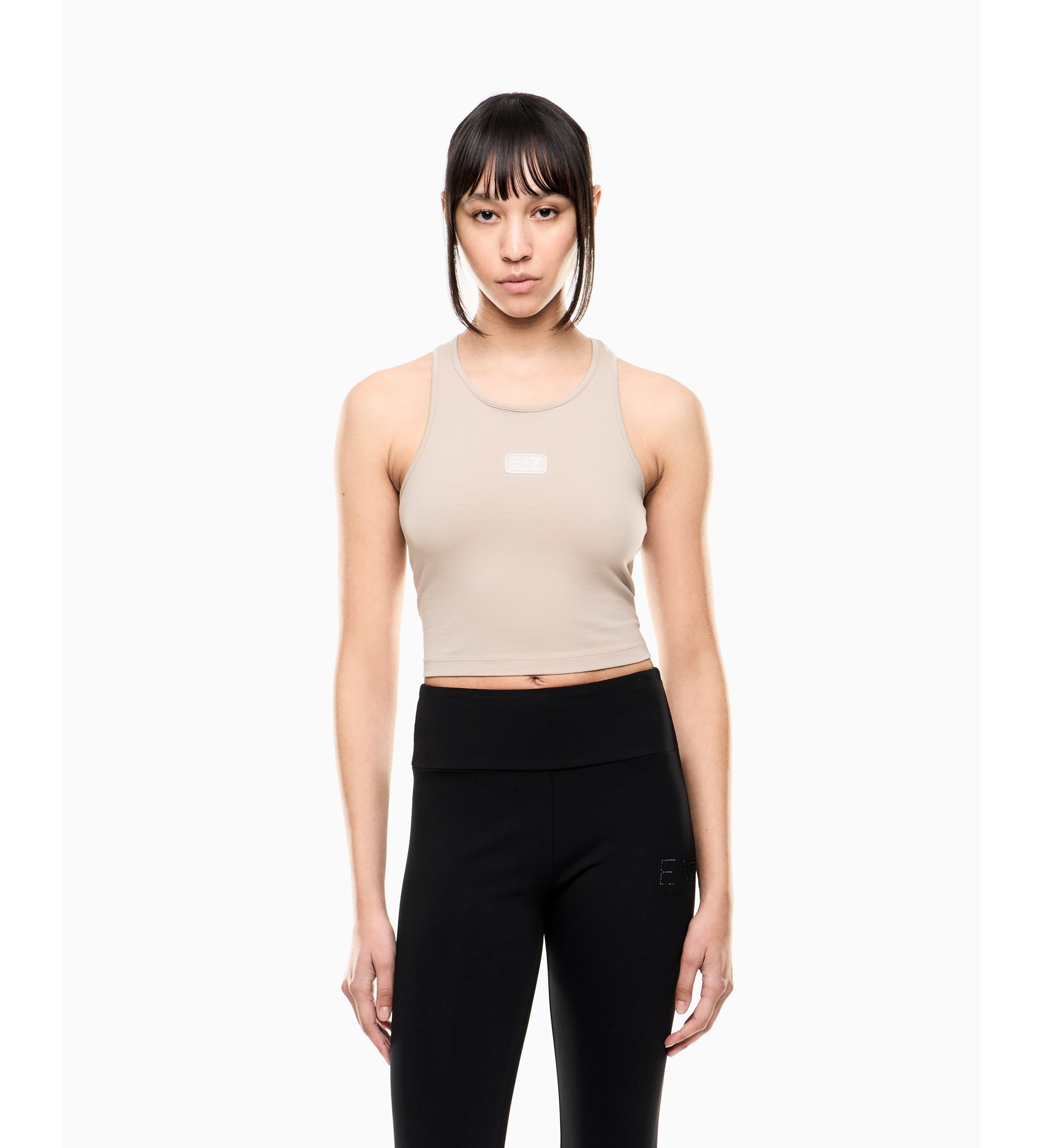 EA7 für Damen. 7W001113_AF14752 Elastisches Baumwollstrick-Top in Nude (L), Lässig, Baumwolle, Ärmellos / Hosenträger, Nackt