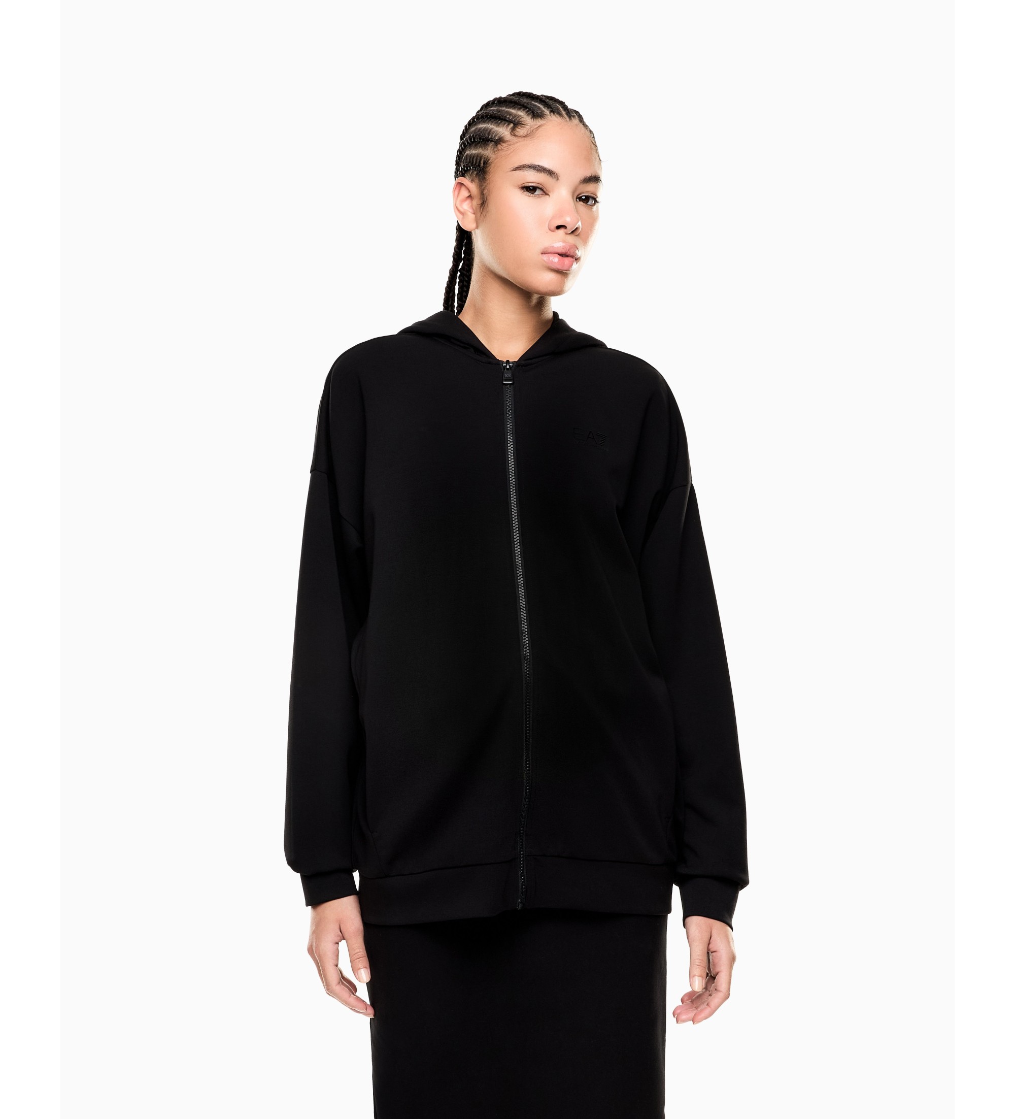 EA7 für Damen. 7W001120_AF12501 Maxi-Kapuzensweatshirt aus elastischer Modalmischung Logo Series schwarz (XL), Lässig, Recyceltes Polyester