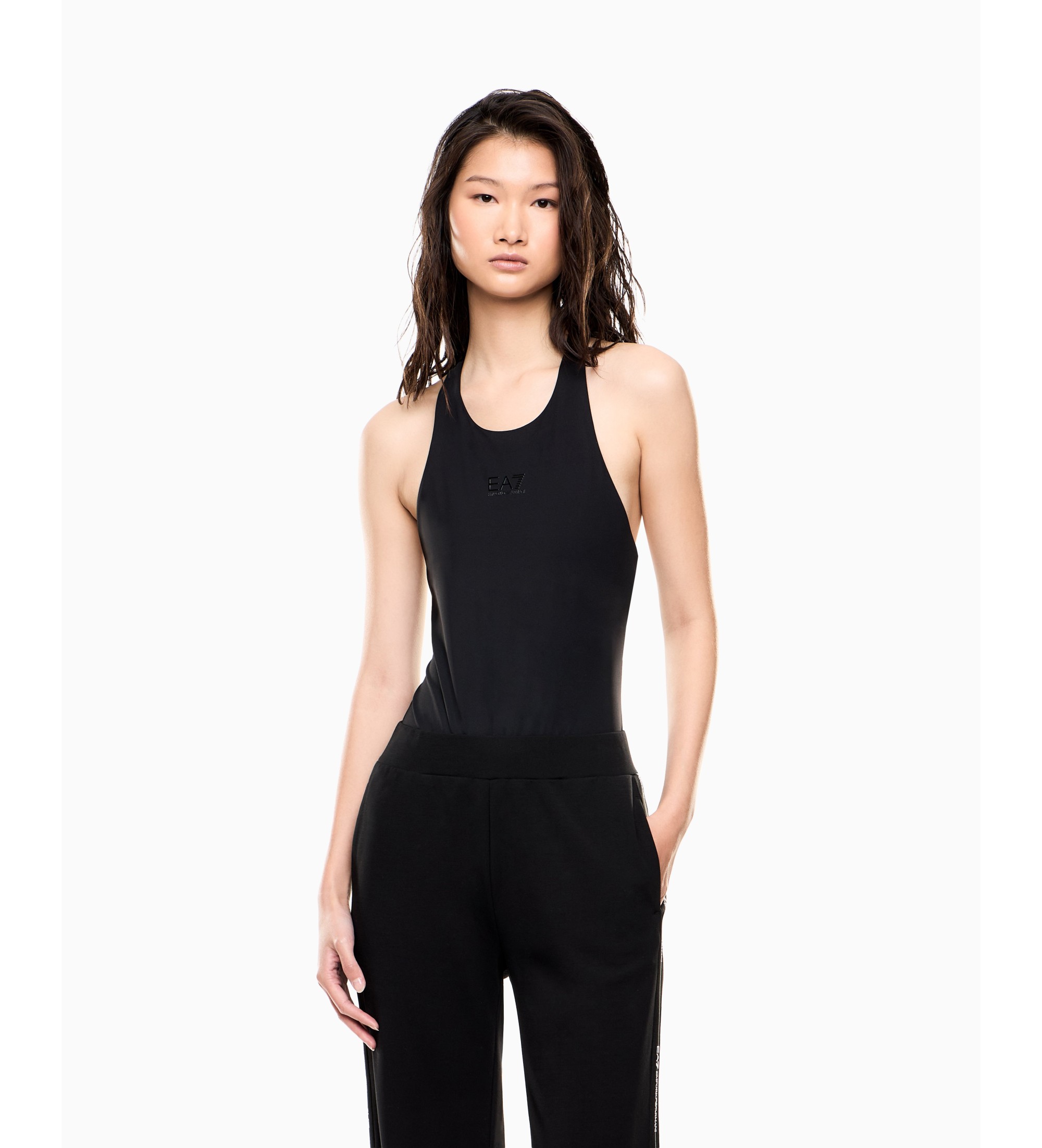 EA7 für Damen. 7W001122_AF12625 Body aus elastischem technischem Gewebe Logo Series schwarz (M), Lässig, Heimtextilien, Polyamid