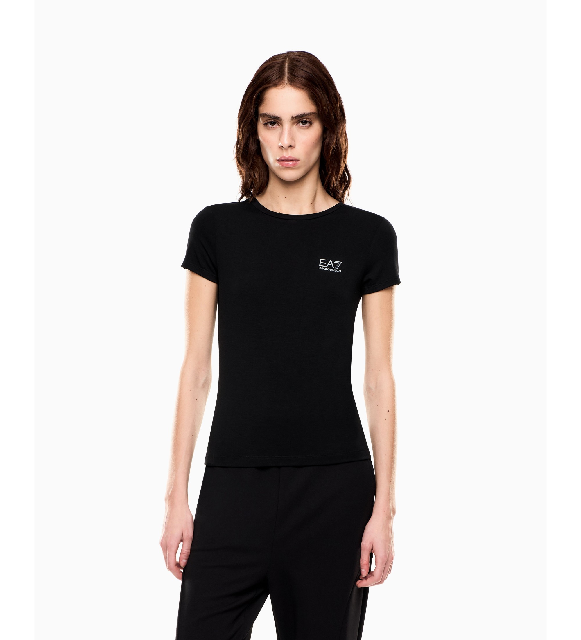 EA7 für Damen. 7W001149_AF12945 Natürliches Ventus T-Shirt schwarz (S), Lässig, Kurzarm, Recyceltes Polyester