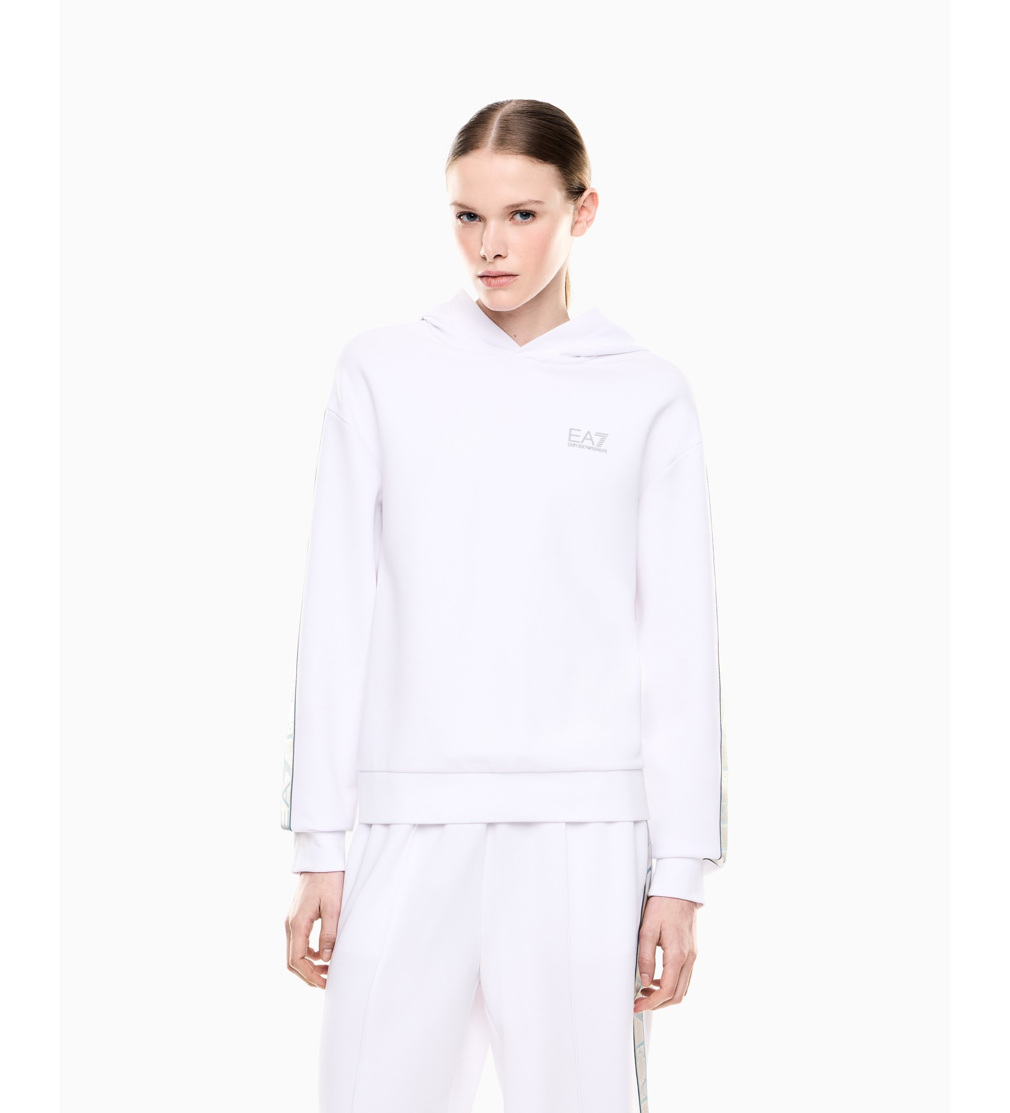 EA7 für Damen. 7W001151_AF12501 Weißer Natural Ventus Kapuzenpullover (M), Lässig, Recyceltes Polyester
