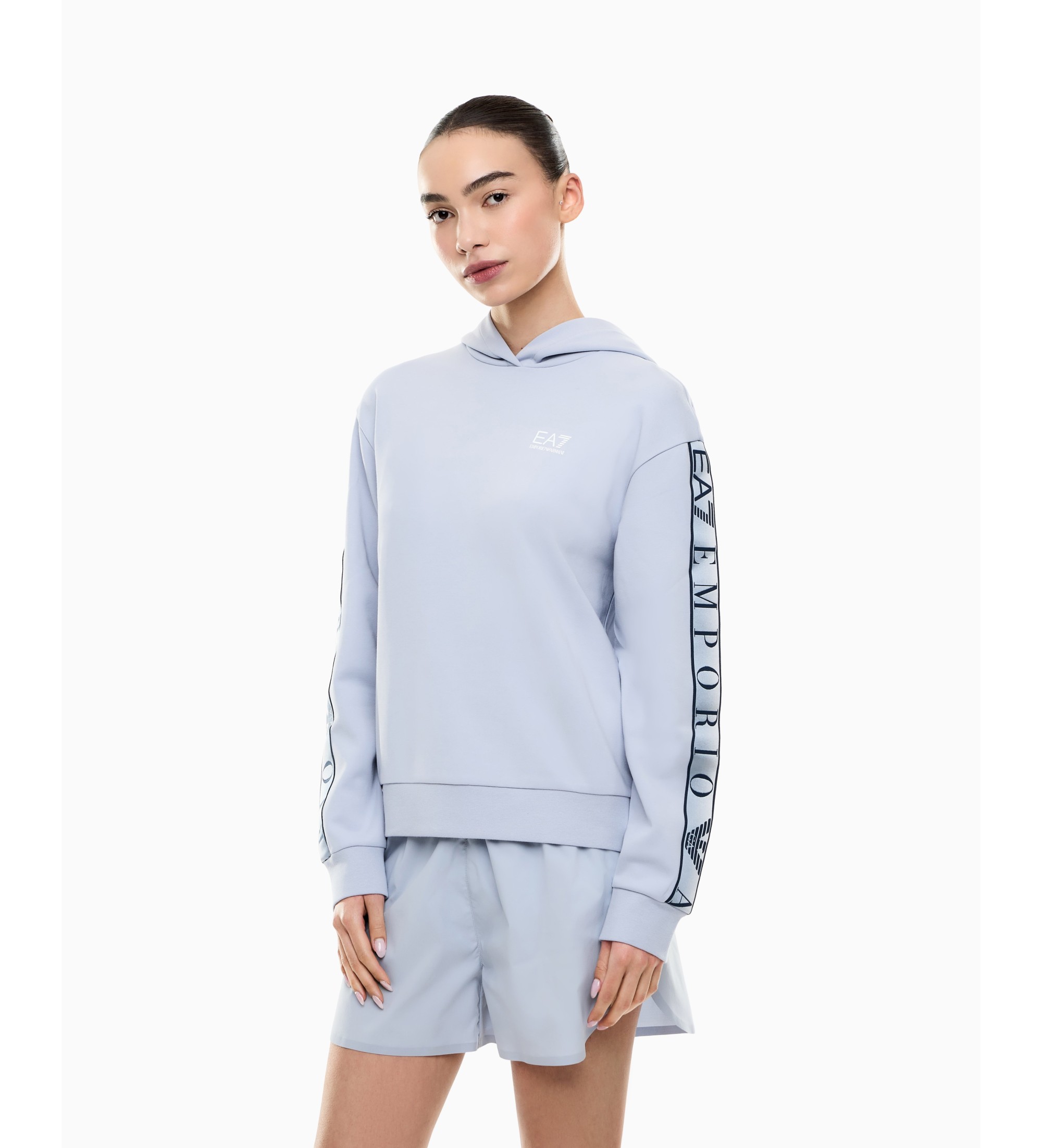 EA7 für Damen. 7W001151_AF12501 Naturblaues Ventus Kapuzensweatshirt (L), Lässig, Recyceltes Polyester