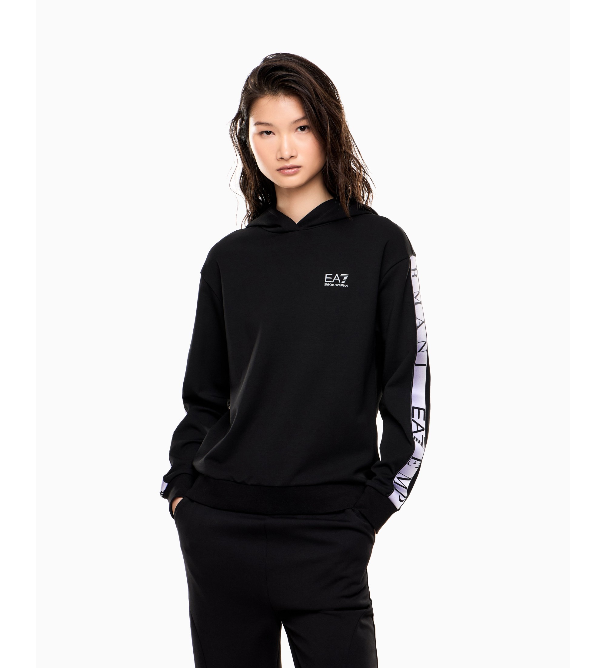 EA7 für Damen. 7W001151_AF12501 Schwarzer Kapuzenpullover aus technischem Natural VENTUS7 Dynamic Athlete Gewebe (S), Lässig, Recyceltes Pol