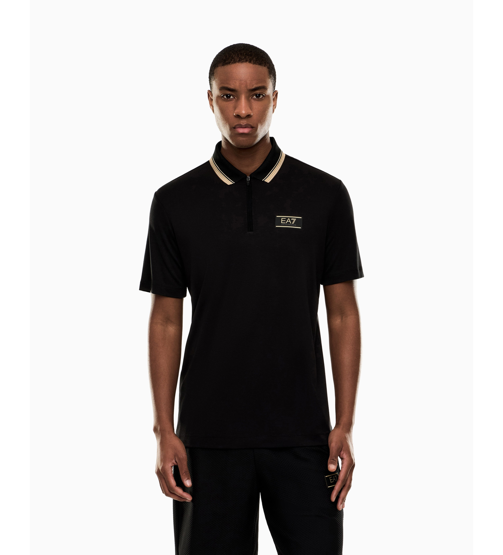 EA7 für Herren. 7M001333_AF13739 Label-Premium-Poloshirt aus Strick schwarz (L), Lässig, Baumwolle, Kurzarm