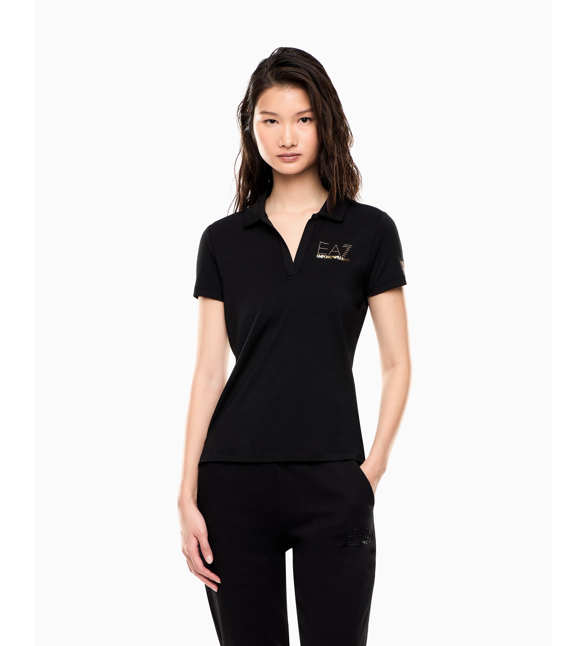 EA7 für Damen. 7W000266_AF12500 Evolution Kurzarm-Poloshirt aus Baumwoll-Modal-Mischung Schwarz (L), Sportlich, Baumwolle, Tennis/Padel