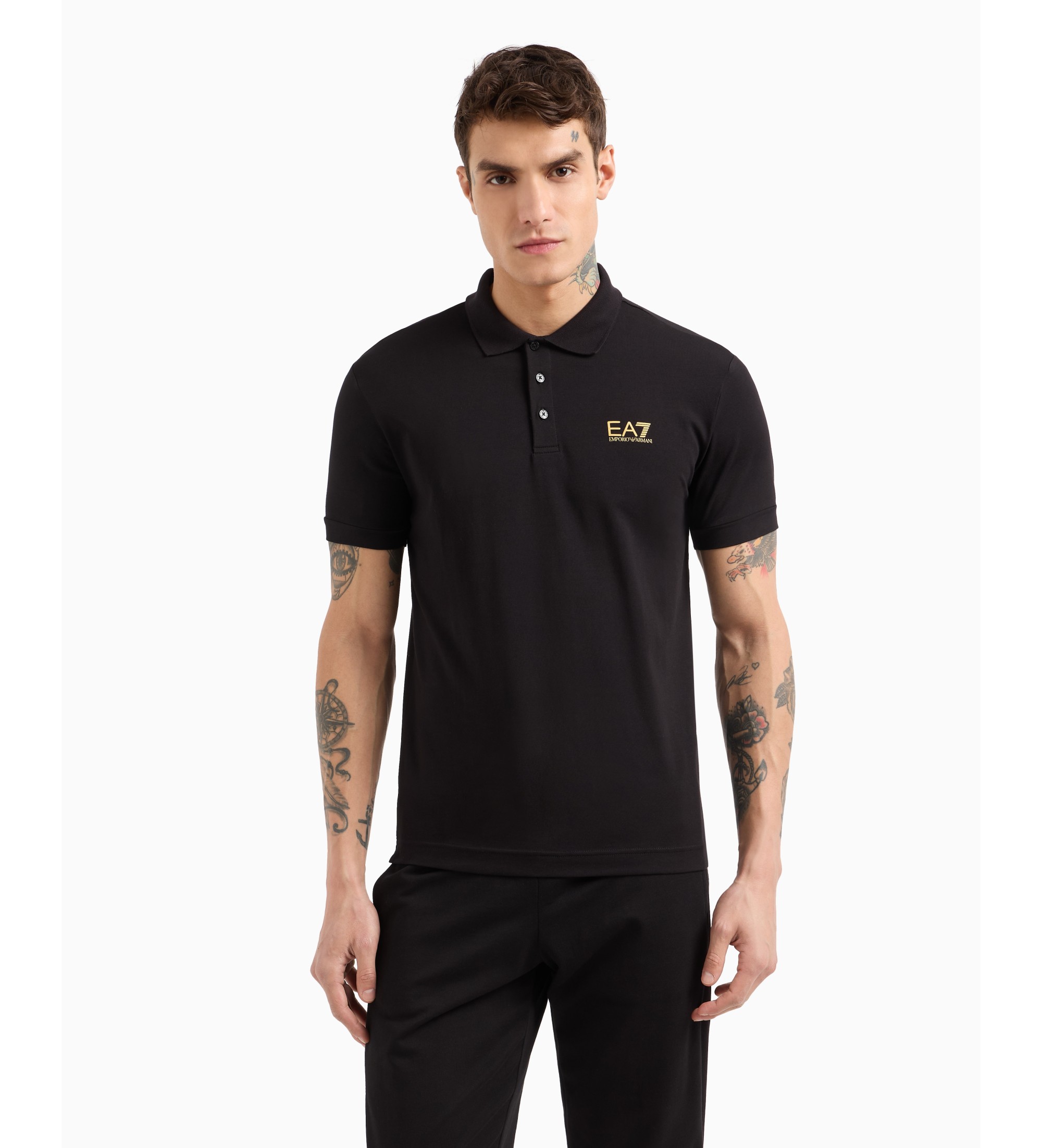 EA7 für Herren. 8NPF14_PJVQZ Core Identity Poloshirt aus schwarzer Stretch-Baumwolle (L), Lässig, Sportlich, Multisport, Kurzarm