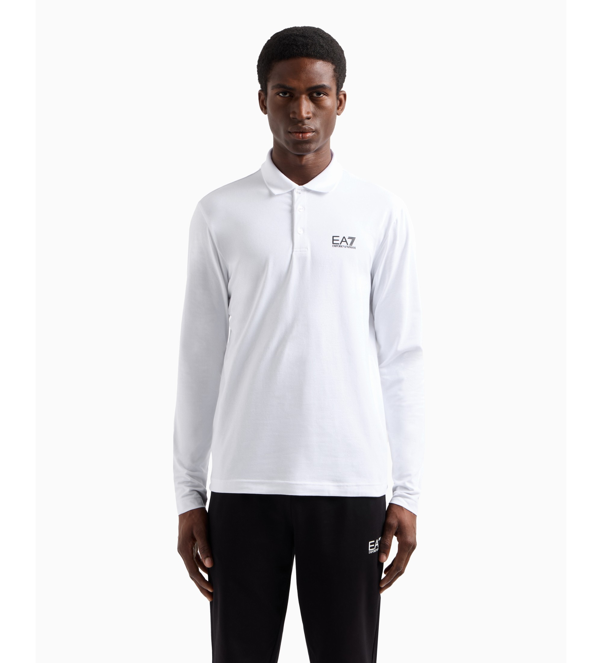 EA7 für Herren. 8NPF15_PJVQZ Core Identity Langarm-Poloshirt aus weißer Stretch-Baumwolle (XL), Lässig