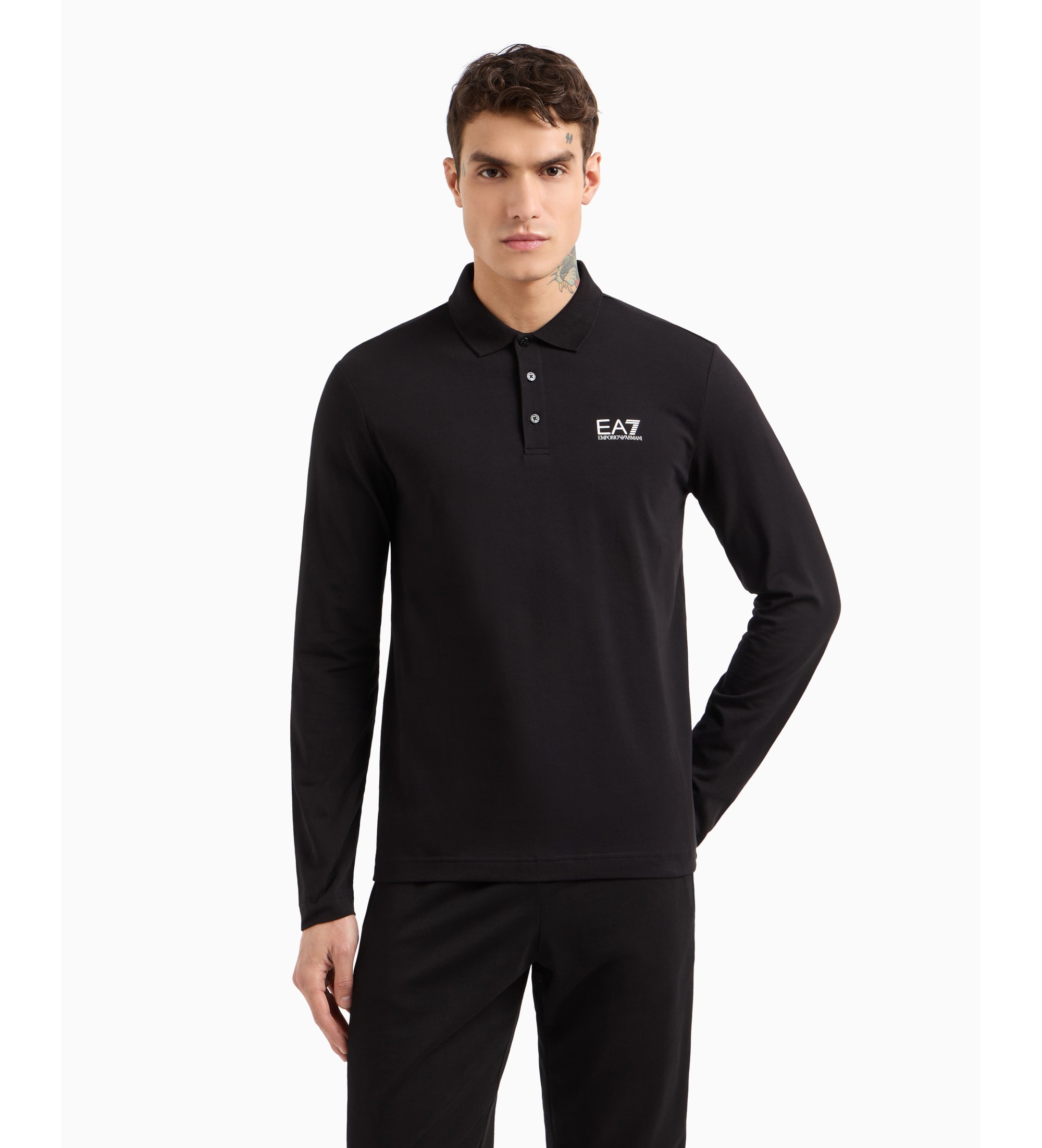 EA7 für Herren. 8NPF15_PJVQZ Core Identity Langarm-Poloshirt aus schwarzer Stretch-Baumwolle (M), Lässig