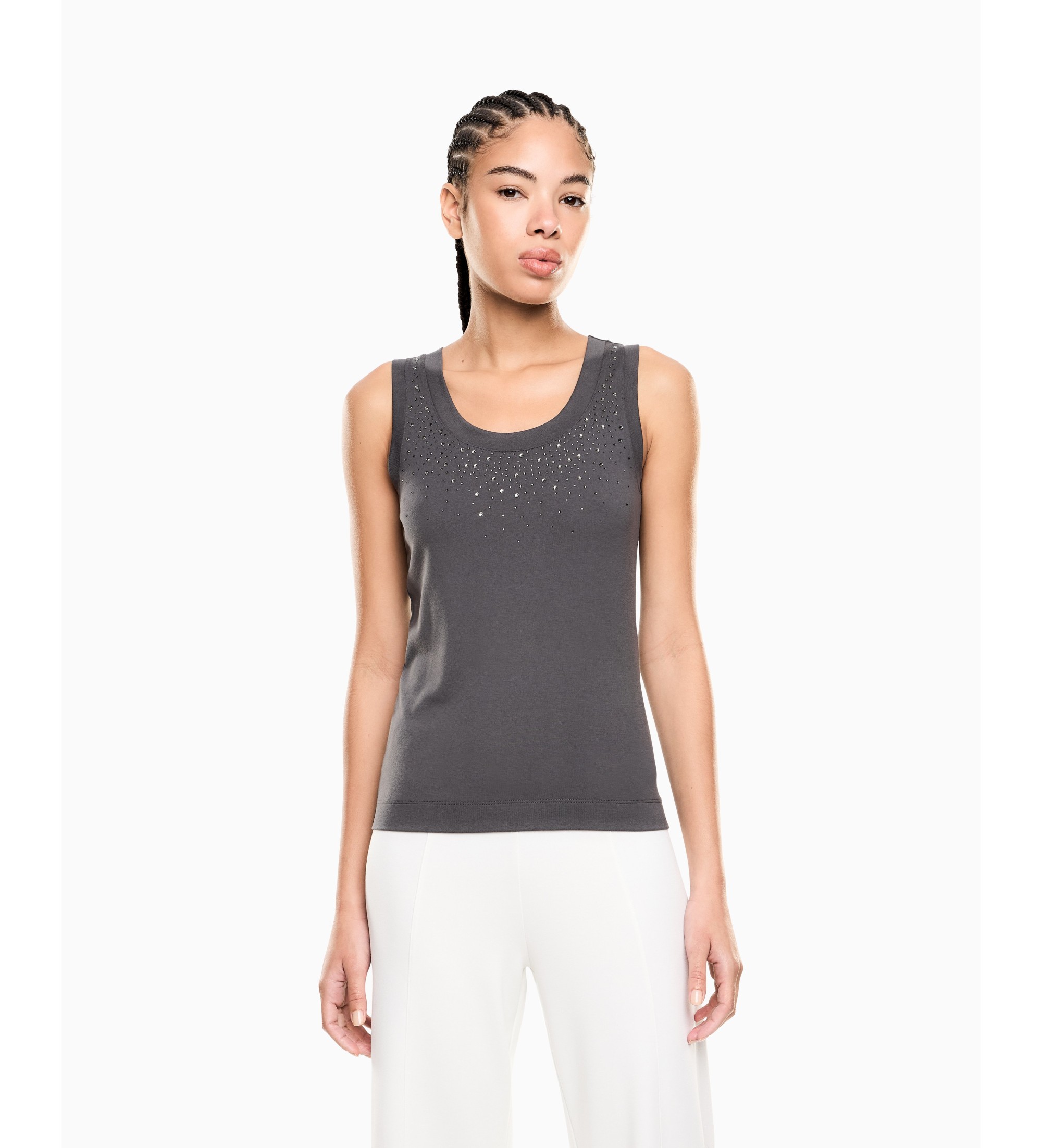 EA7 für Damen. 7W001014_AF13919 Graues Precious Tanktop aus Viskosemischung (M), Lässig, Sportlich, Ärmellos / Hosenträger