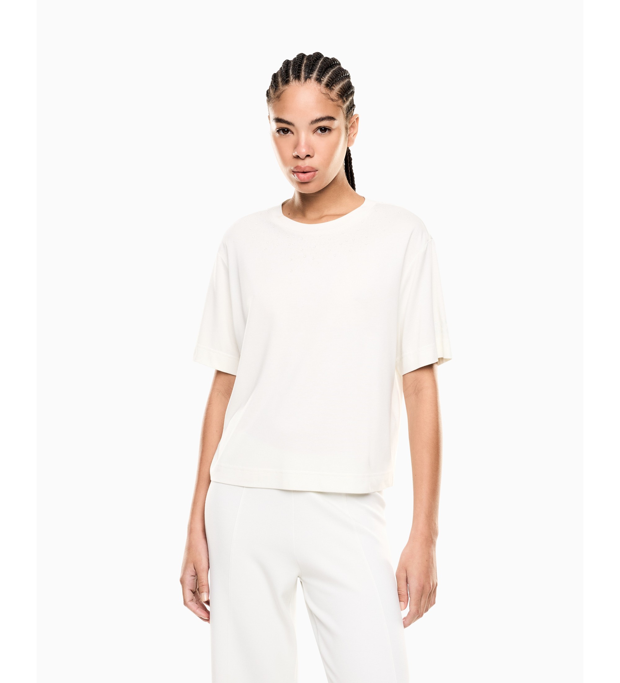 EA7 für Damen. 7W001015_AF13919 T-Shirt aus Viskosemischung Precious weiß (S), Sportlich, Kurzarm
