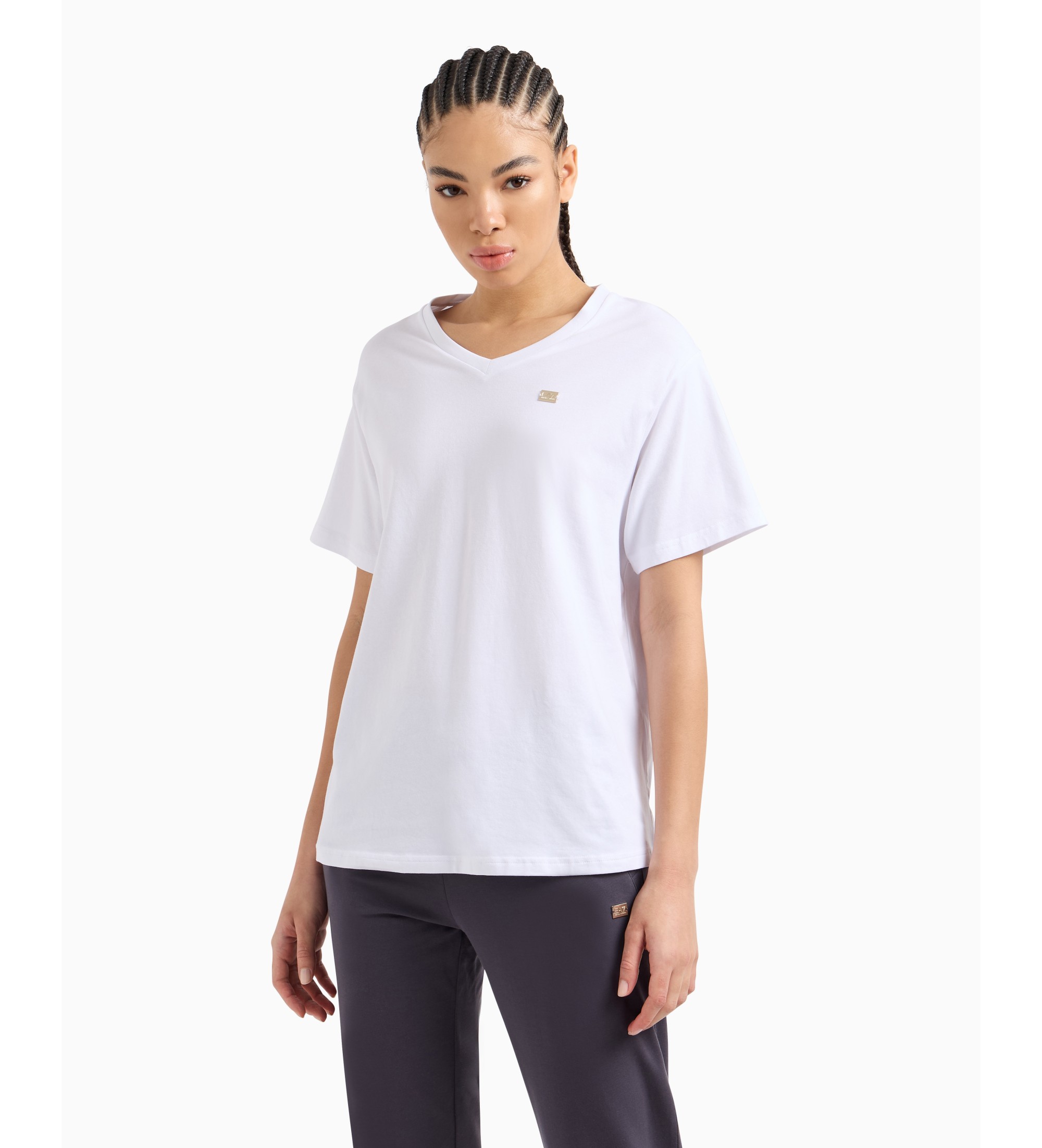 EA7 für Damen. 7W000029_AF10373 Core Lady T-Shirt aus Stretch-Baumwolljersey mit weißem V-Ausschnitt (M), Lässig, Sportlich, Baumwolle, Mult