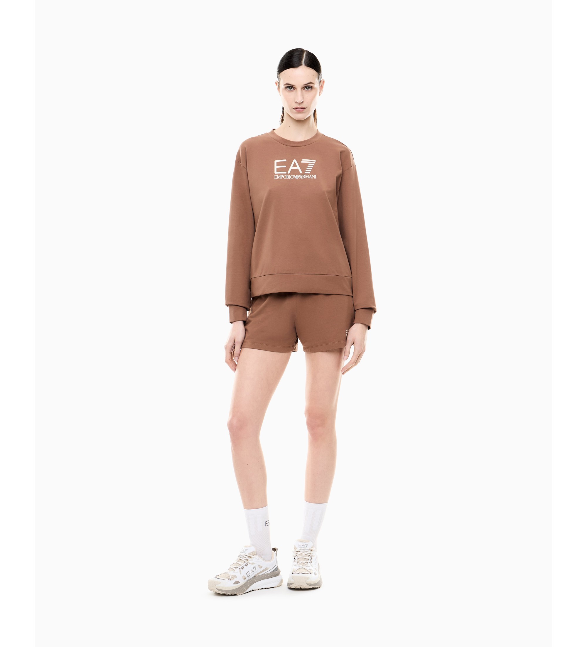 EA7 für Damen. 7W000974_AF13135 T-Shirt und Shorts Set aus braunem elastischem Baumwollstrick (M), Lässig, Heimtextilien, Baumwolle