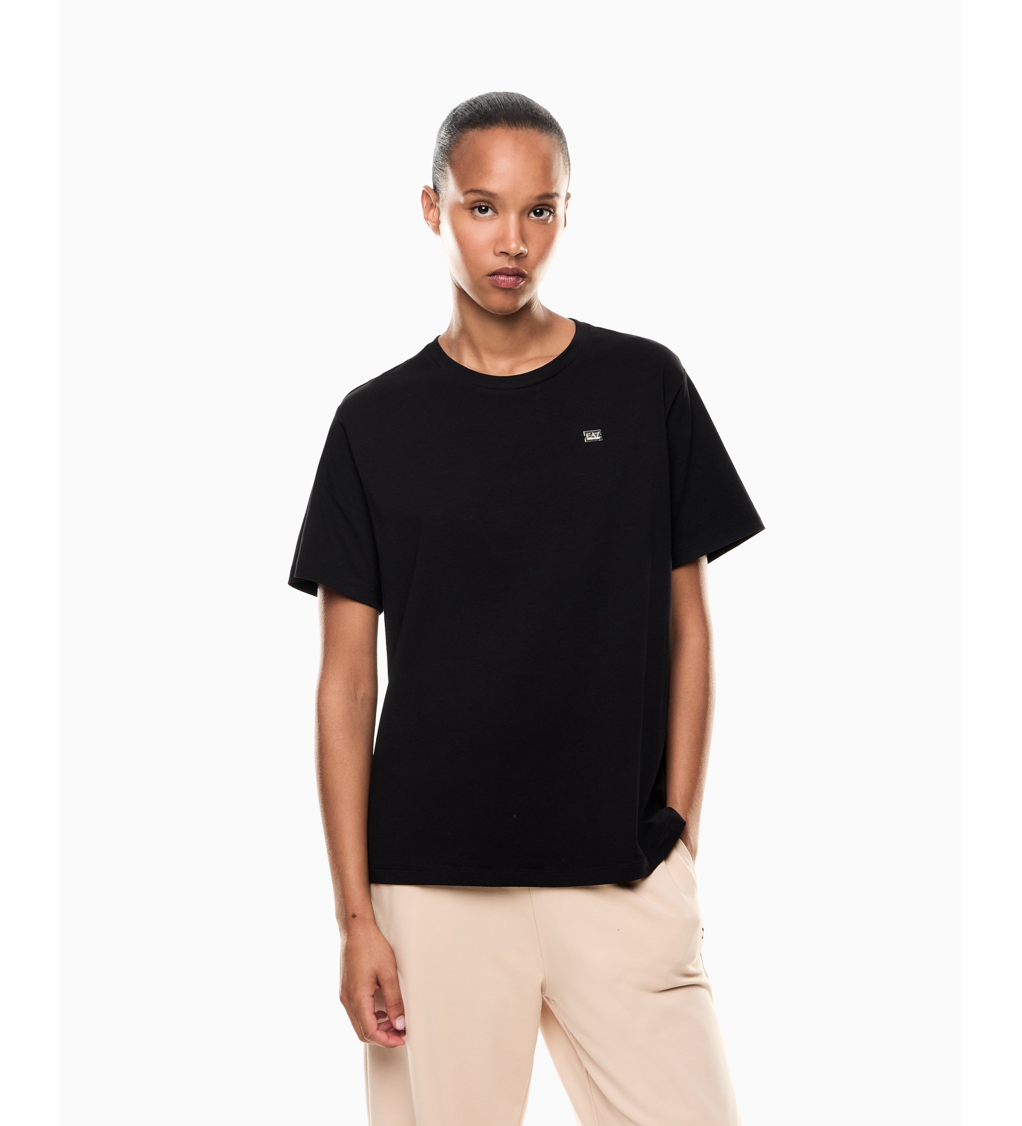 EA7 für Damen. 7W000455_AF10373 T-Shirt mit schwarzem Rundhalsausschnitt (L), Lässig, Baumwolle, Kurzarm