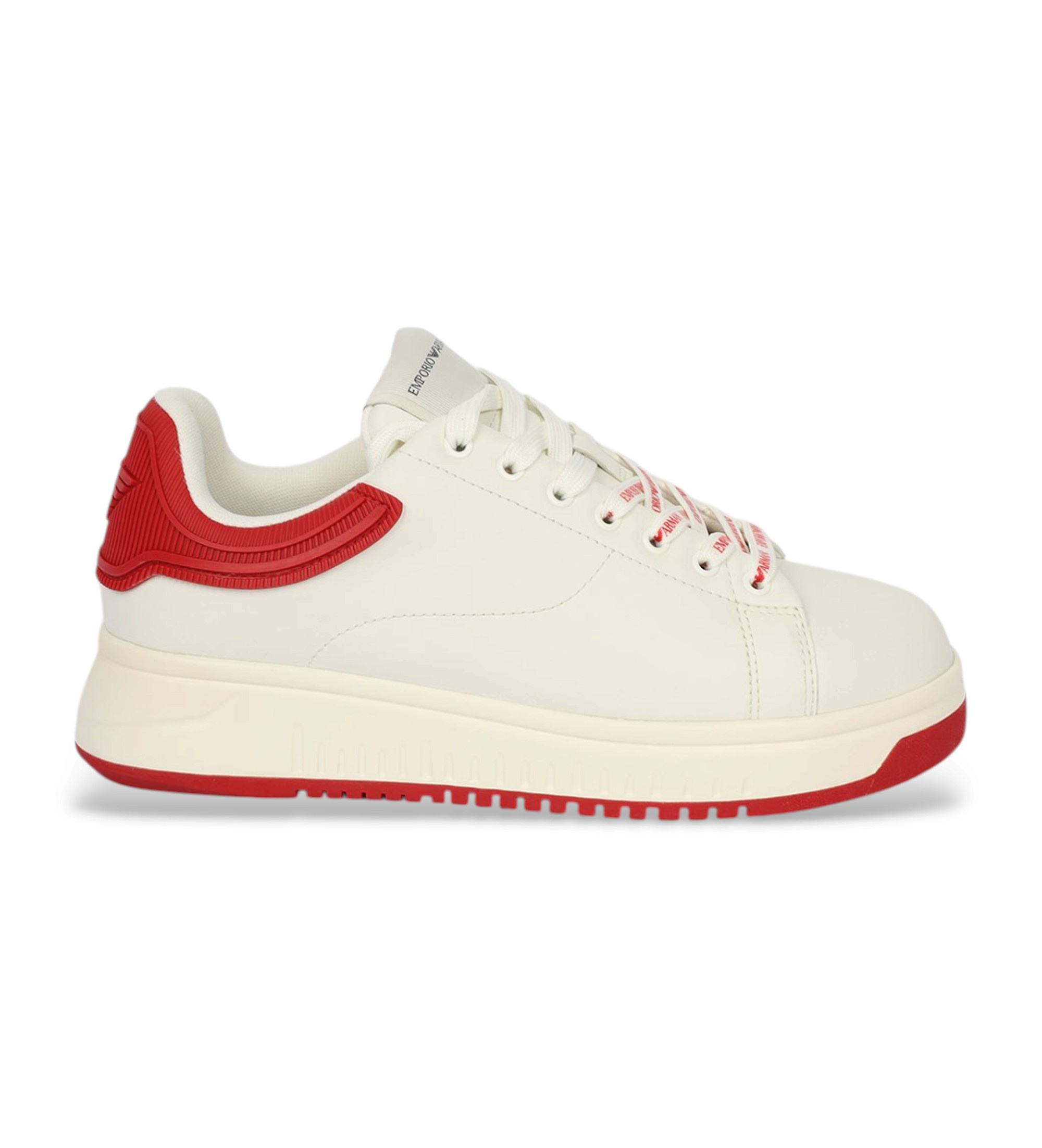 Emporio Armanivoor mannen. EM003663_AF18212 Leren slippers met rubberen hiel in wit, rood (44), Leer, Plat, Veters, Casual