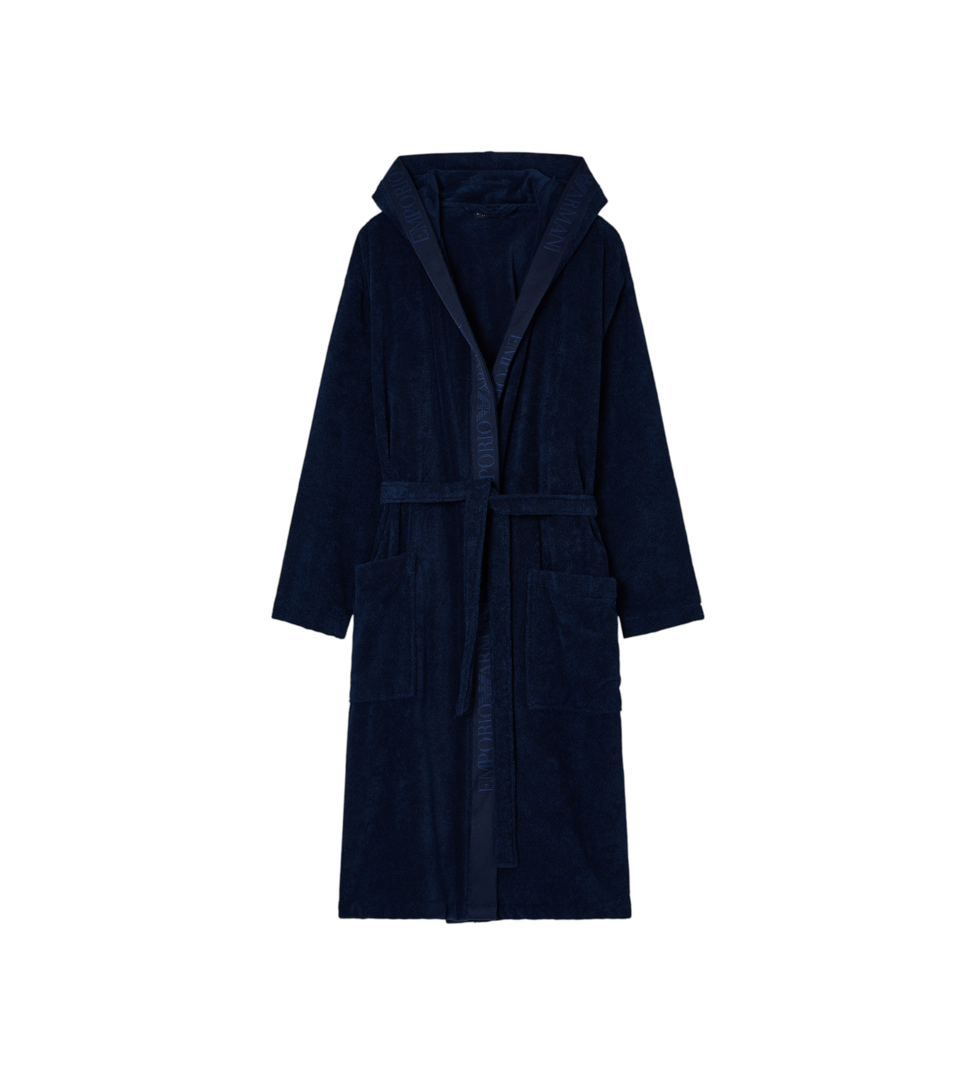 Emporio Armani für Herren. EM002255_AF14986 Frottee-Bademantel mit Logo auf marineblauem Rand (M), Heimtextilien, Baumwolle