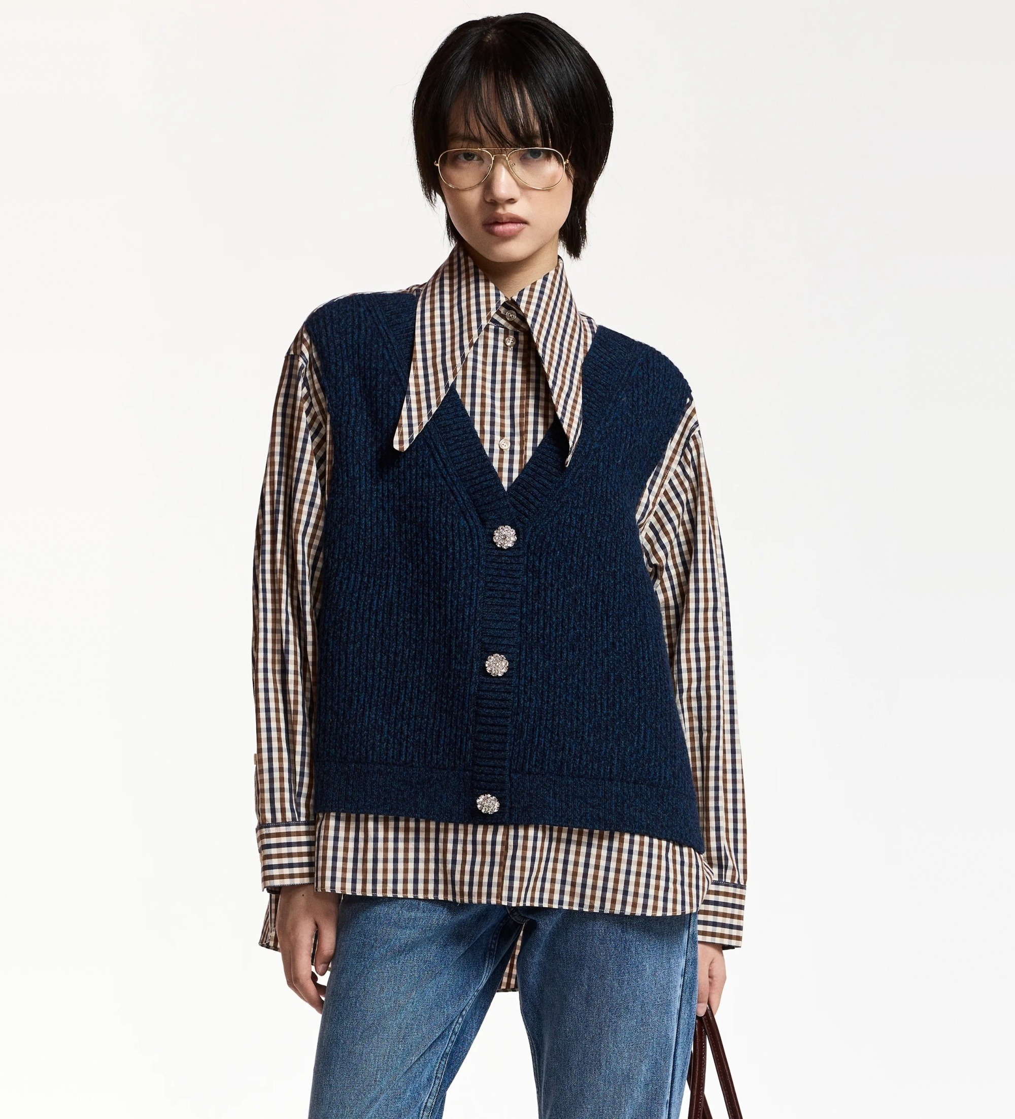 Essentiel Antwerp für Damen. KUTE Hemd mit integrierter Strickweste marineblau (XS), Lässig, Baumwolle, Langarm