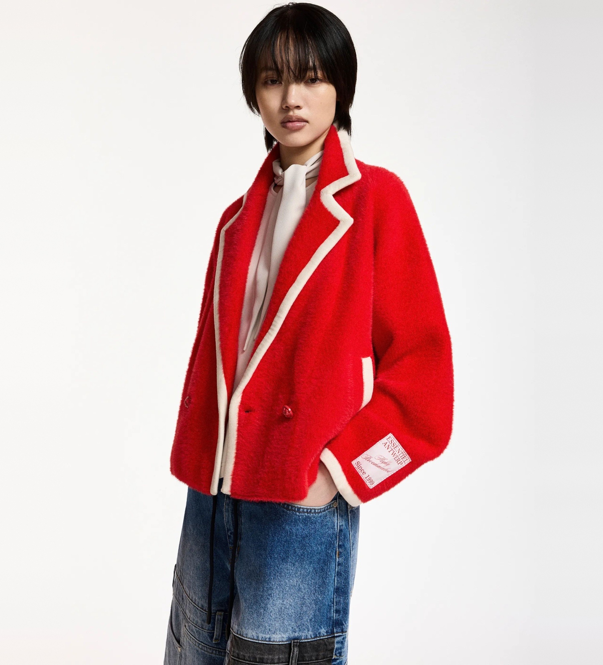 Essentiel Antwerp für Damen. KUGAR Cardigan mit roten Kontrastborten (S), Lässig, Polyamid