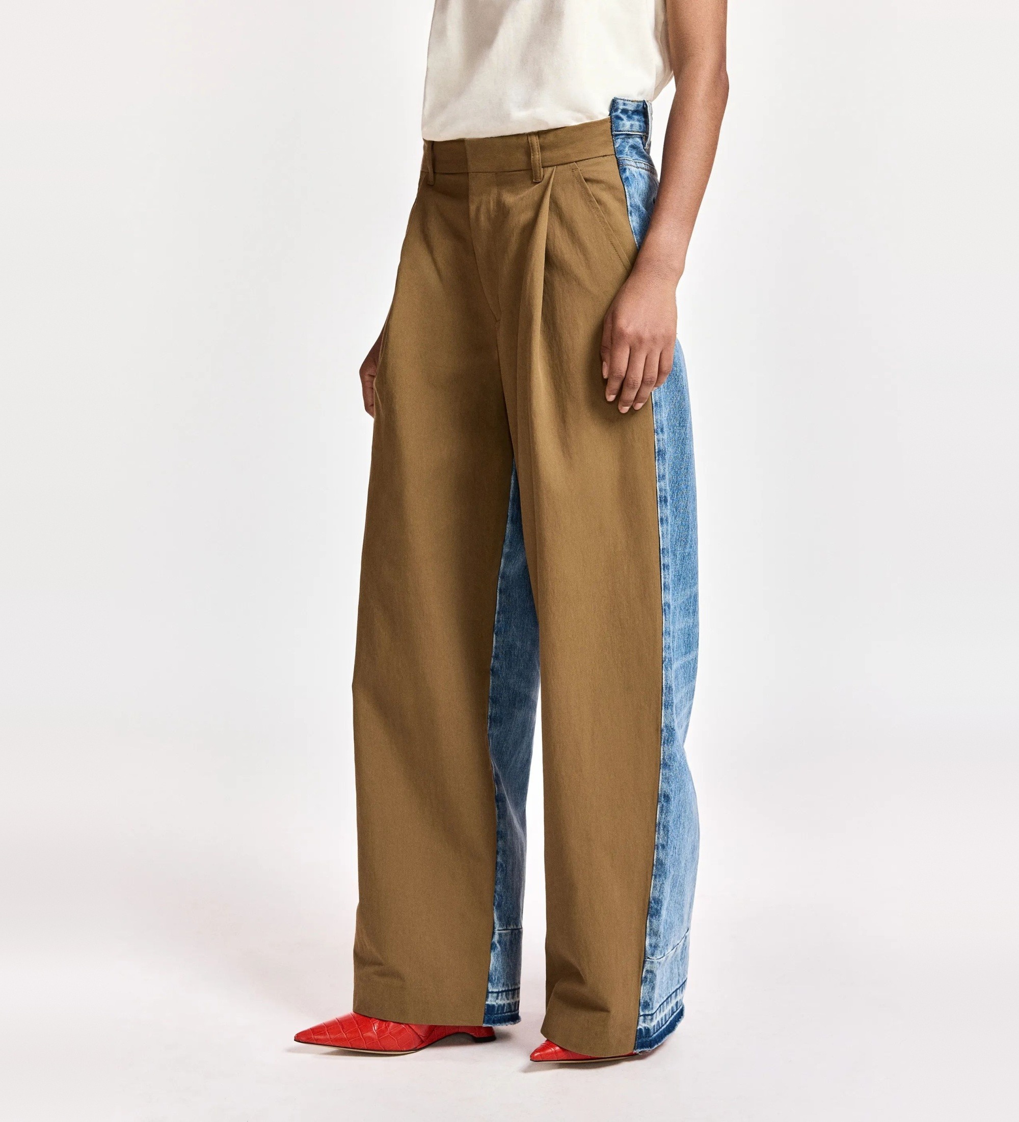 Essentiel Antwerp für Damen. KRISP Hose mit weitem Bein aus zwei Stoffen braun, blau (36), Beige, Lässig, Polyamid