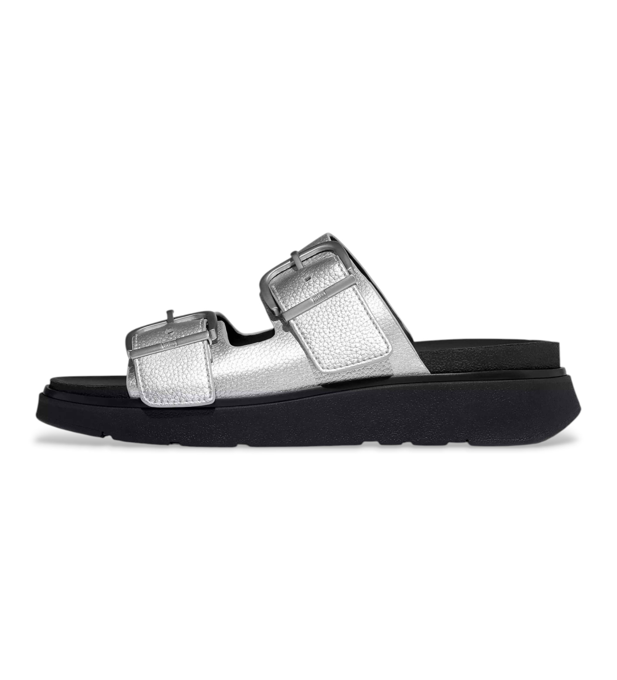 Fitflop für Damen. A2T-011 Gen-FF Schnallen-Sandalen aus silbernem Leder (39), 1 bis 3 cm, Keine, Lässig