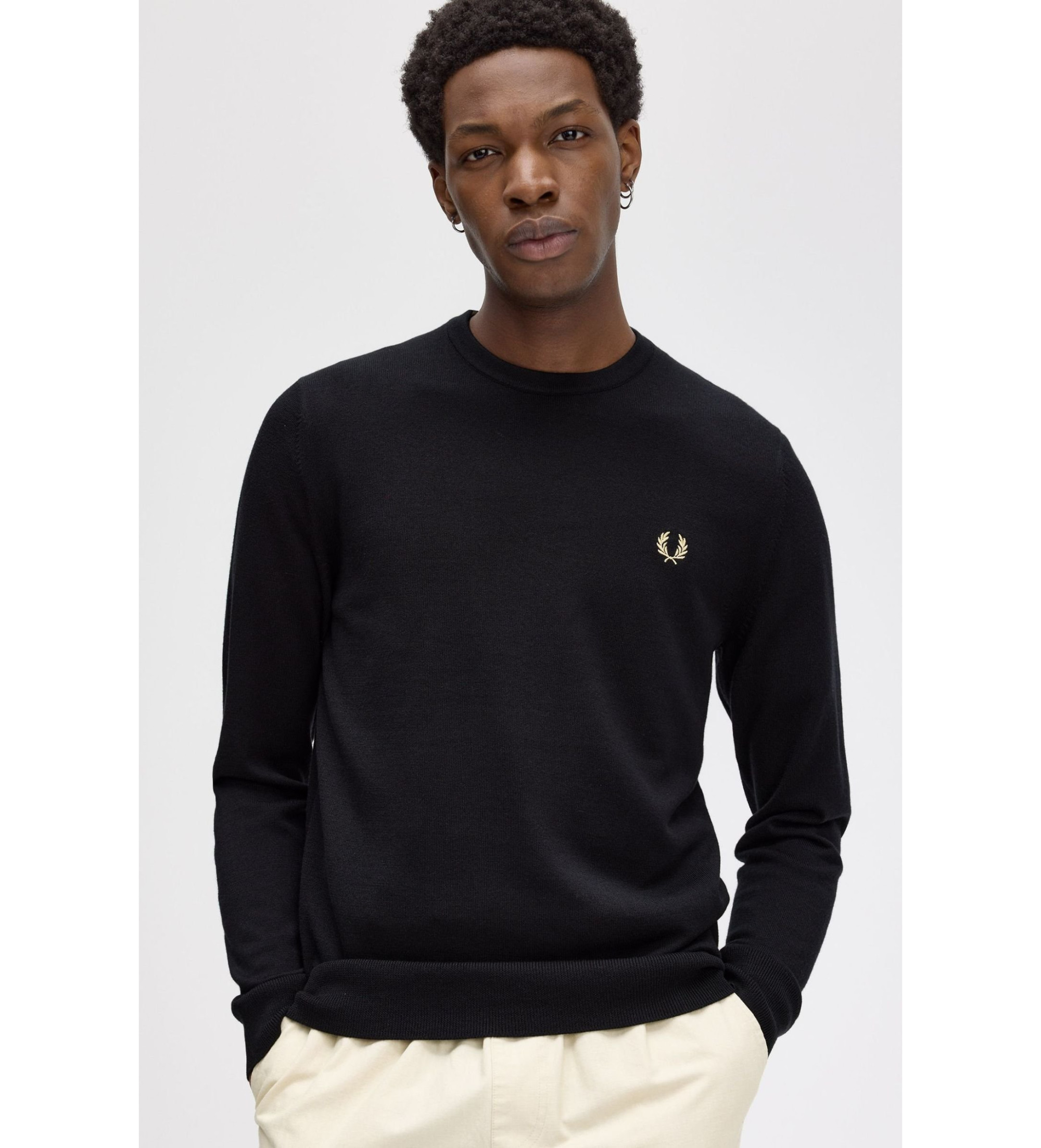 Fred Perryvoor mannen. K9601 Klassieke trui zwart (S), Casual, Wol
