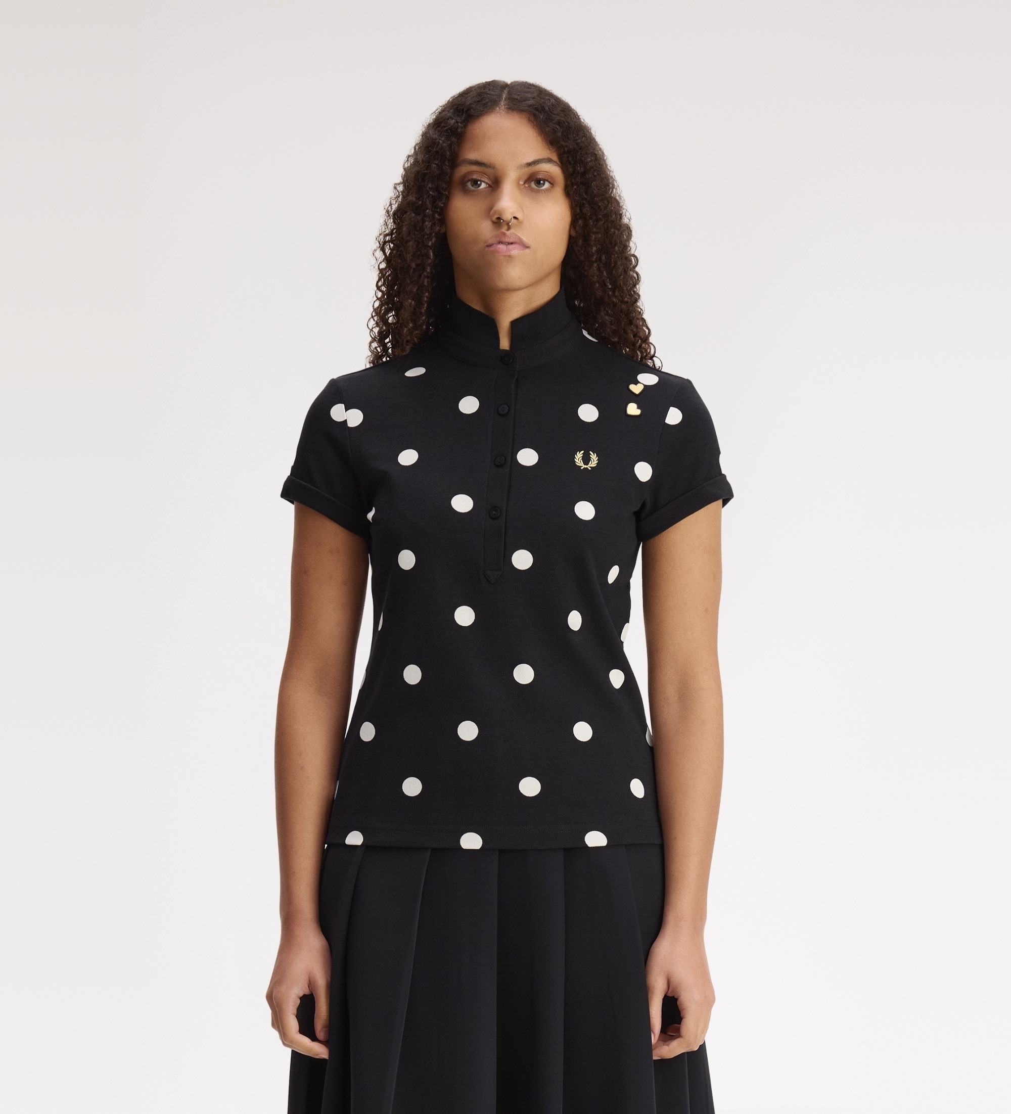 Fred Perry für Damen. SG3104 Schwarz gepunkteltes Poloshirt (38), Lässig, Baumwolle, Kurzarm