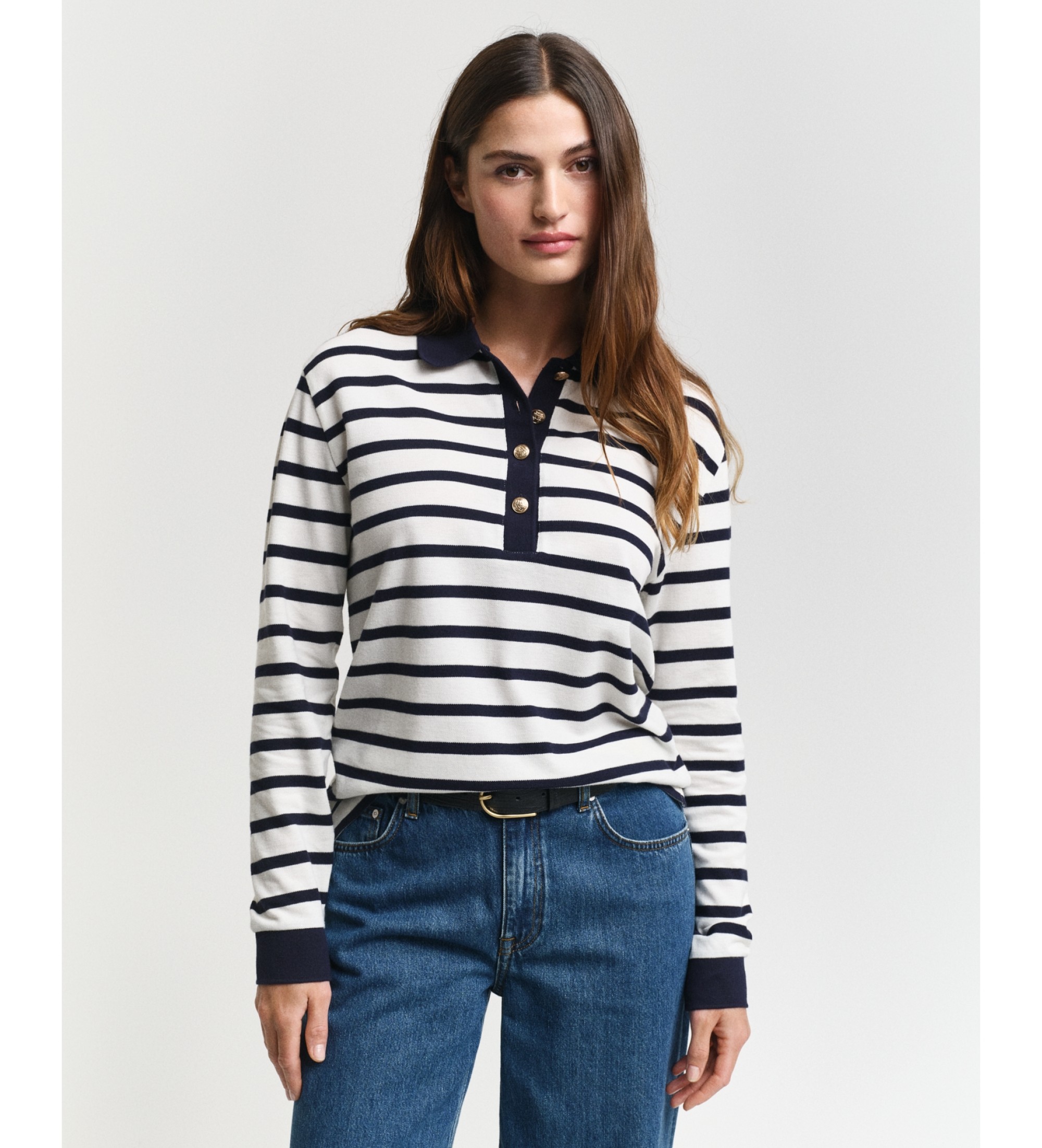Gant für Damen. 4200556 Langärmeliges Piqué-Poloshirt mit bretonischem Streifen weiß, marineblau (L), Lässig, Baumwolle, Langarm