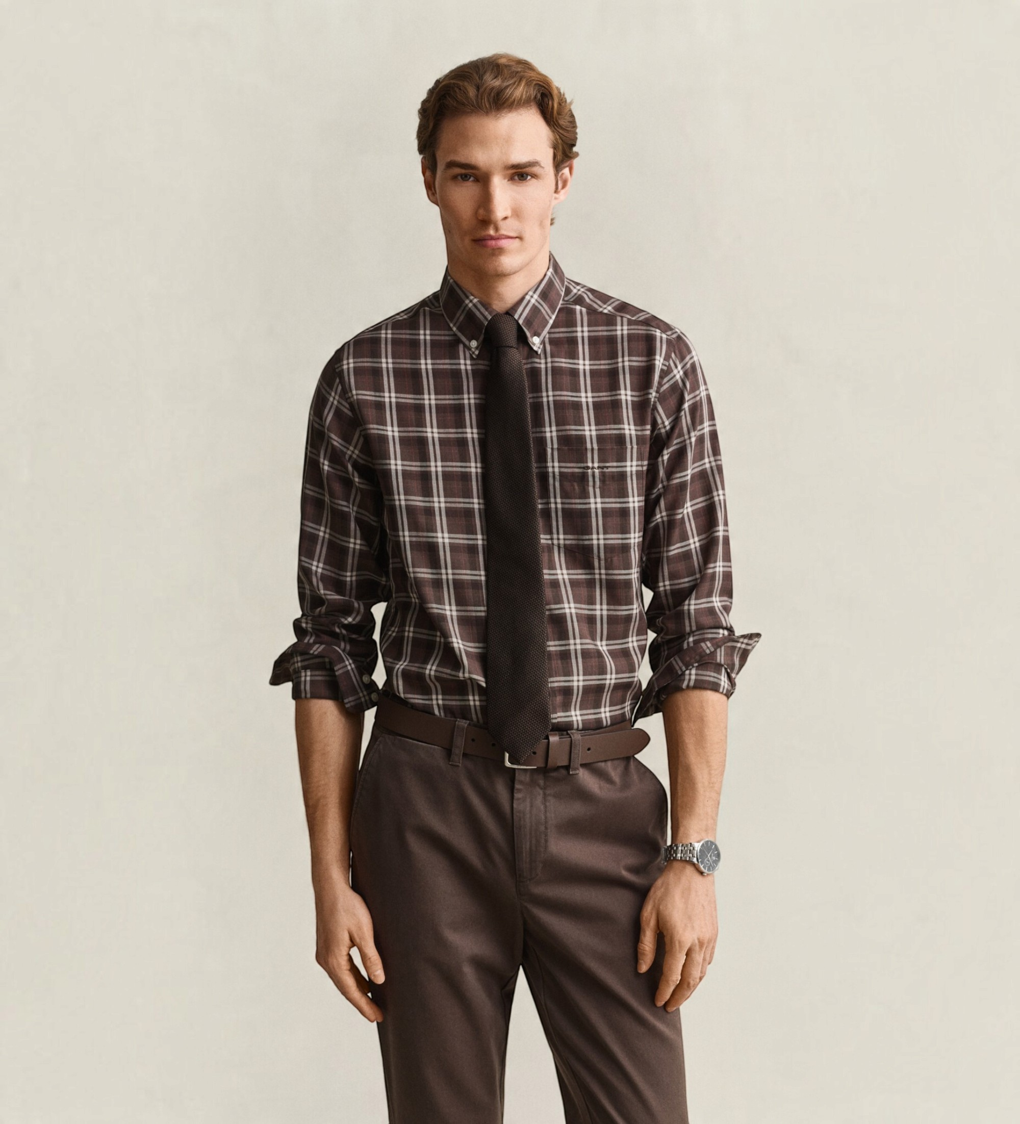 Gantvoor mannen. 3262020 Bruin geruit overhemd (5XL), Casual, Klassiek, Lange mouwen, Lyocell, Taupe
