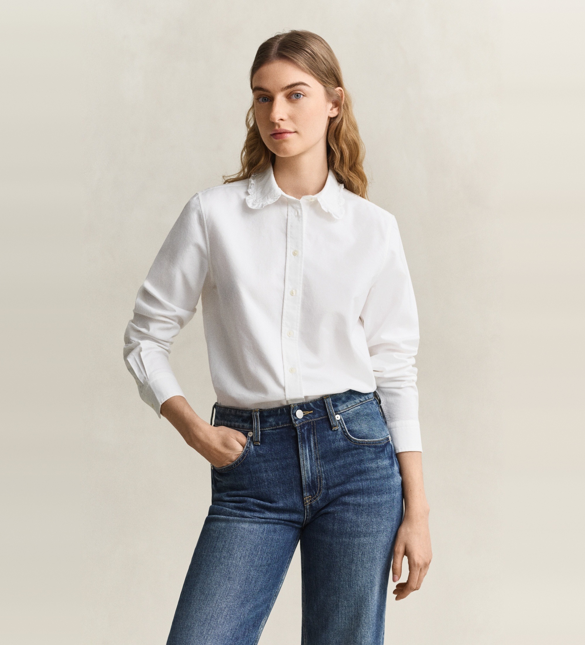 Gantvoor vrouwen. 4300729 Klassiek Oxford overhemd met ruches wit (40), Casual, Katoen, Lange mouwen