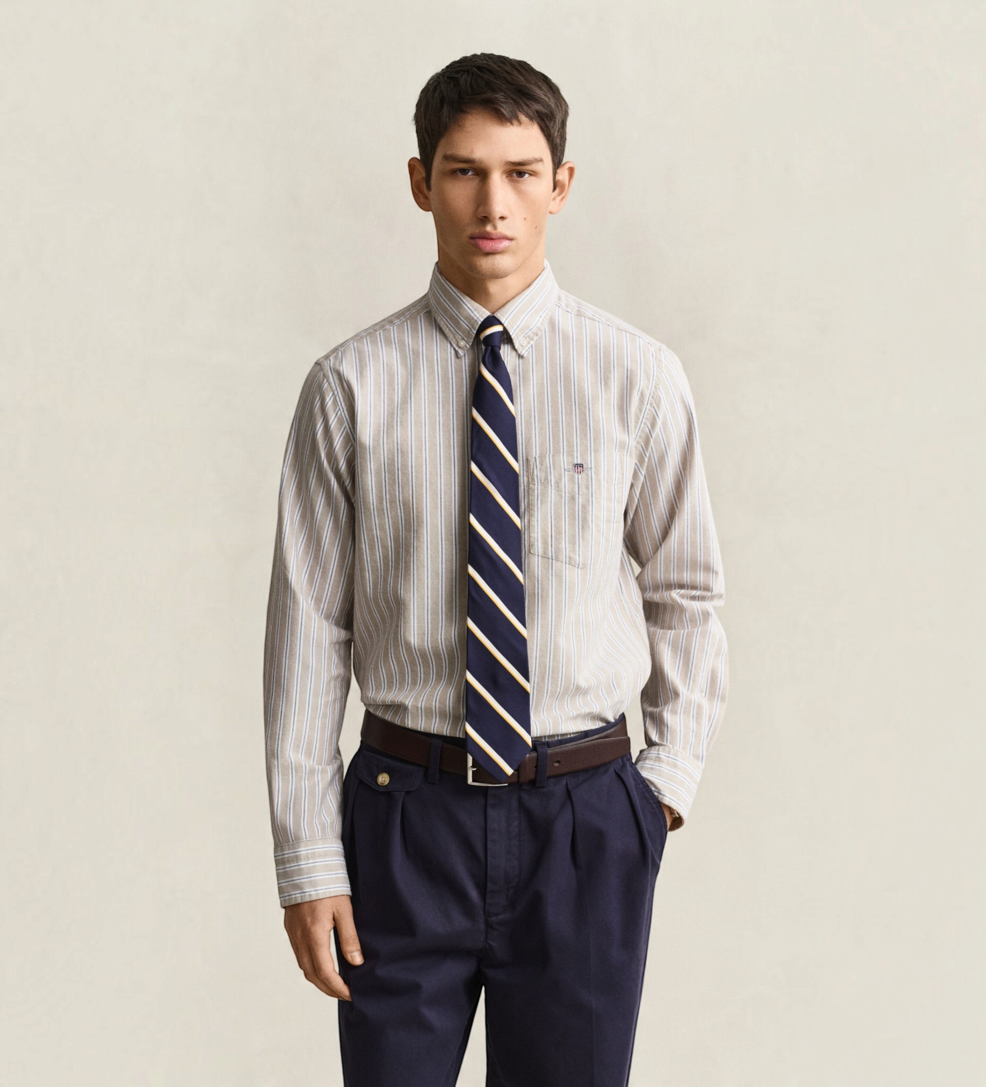 Gantvoor mannen. 3262014 Klassiek Oxford overhemd met beige strepen (XXL), Casual, Lange mouwen, Gerecycled Katoen
