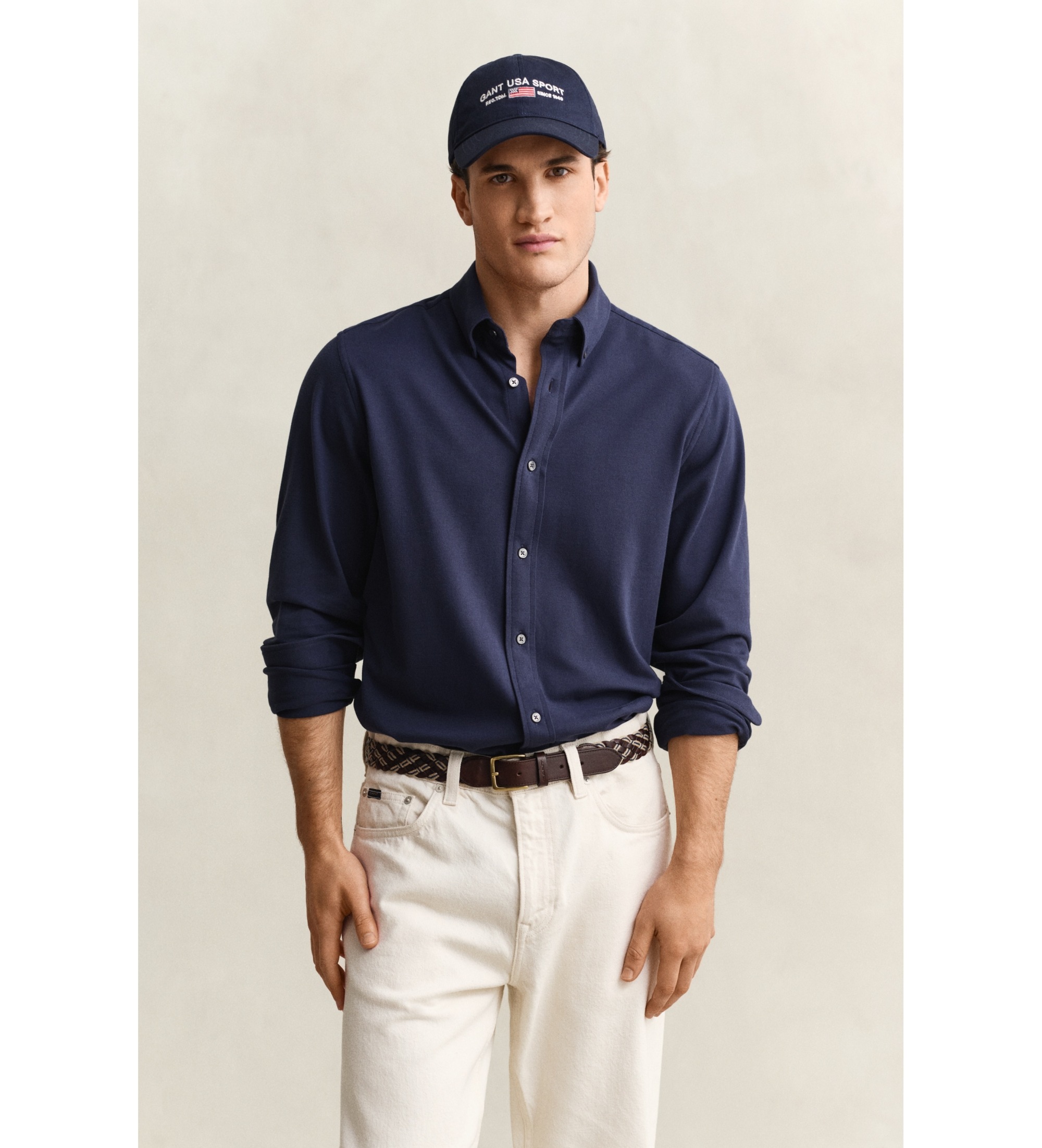 Gant für Herren. 3250271 Regular Fit Hemd aus elastischem Piqué-Strick in Marineblau (M), Lässig, Baumwolle, Langarm